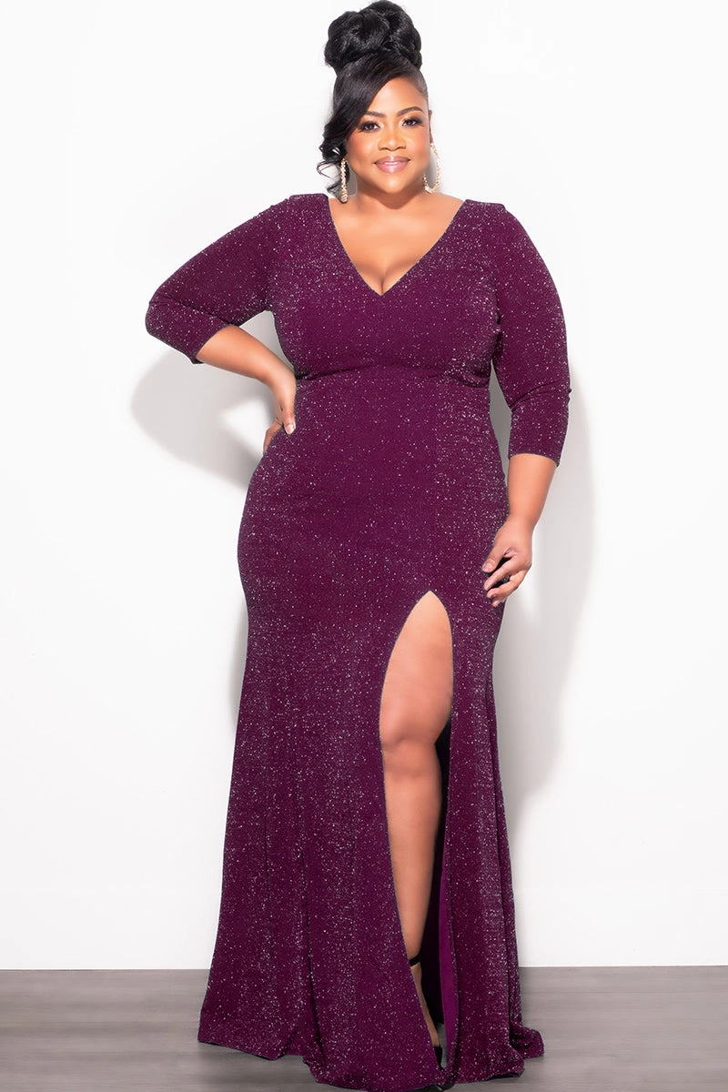 Final Sale Plus Size Shimmer Gown with Front Slit in Plum Elegant Look