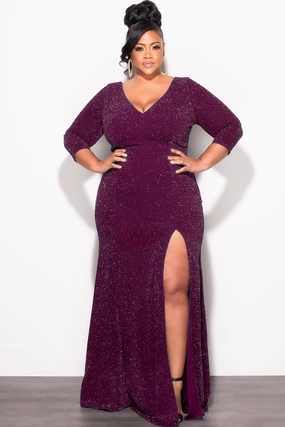 YarnDyed Stripes Final Sale Plus Size Shimmer Gown with Front Slit in Plum