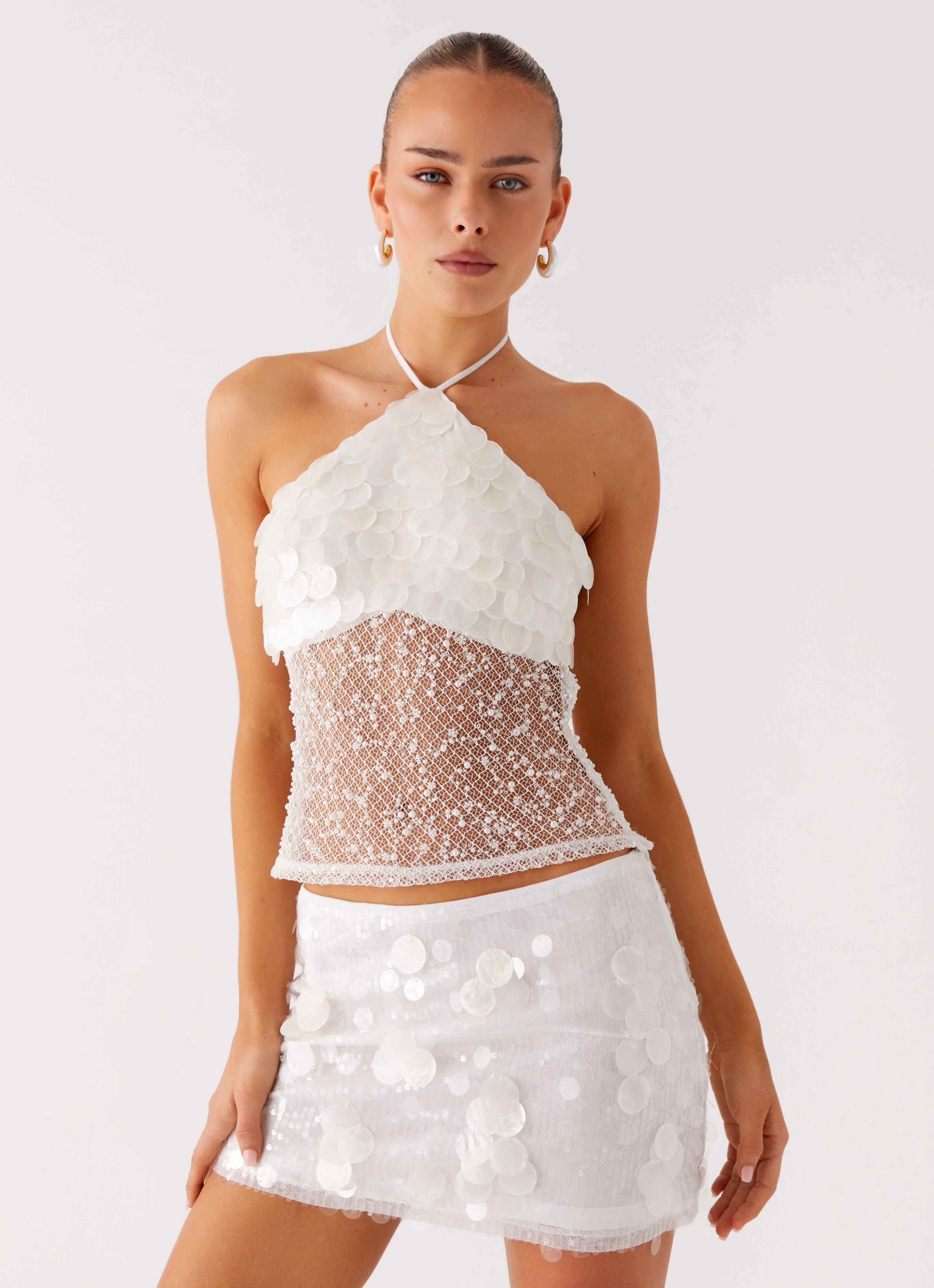 Airflow Mesh Insert Shelly Halter Top - White