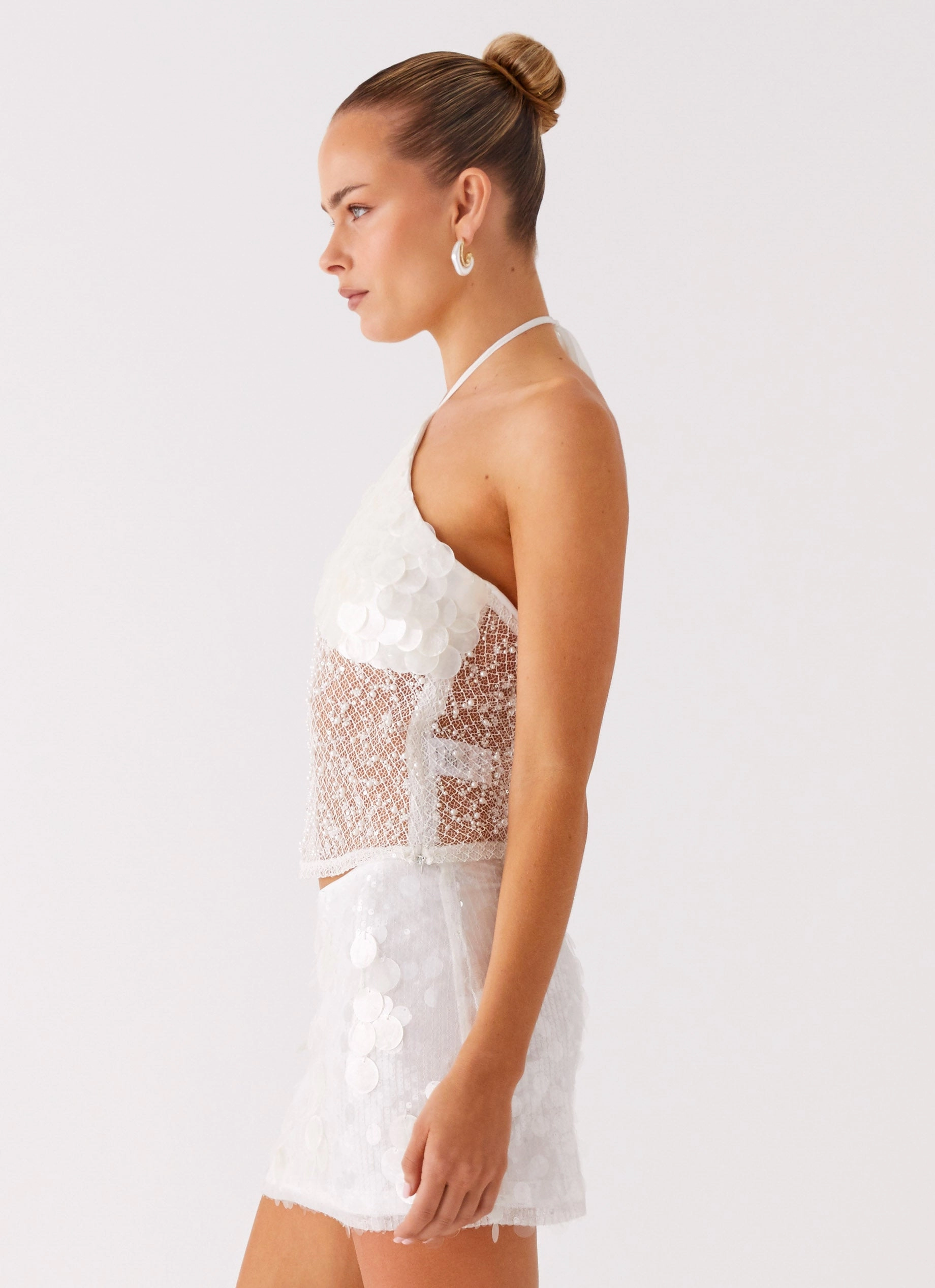 Shelly Halter Top - White Drop Shoulder Design Hybrid Fabric Blend