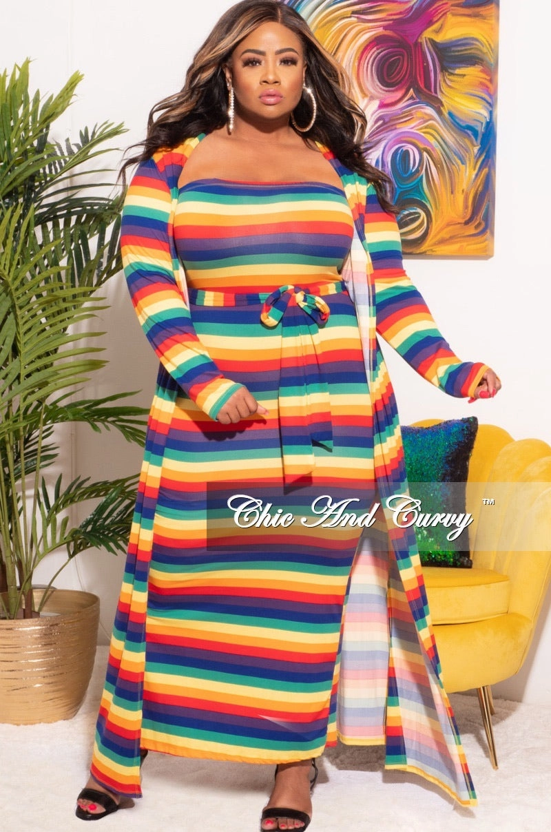 Final Sale Plus Size 2pc Set Duster & Tube Dress in Rainbow Print Cozy Stretch Fit Body-Hugging Fit
