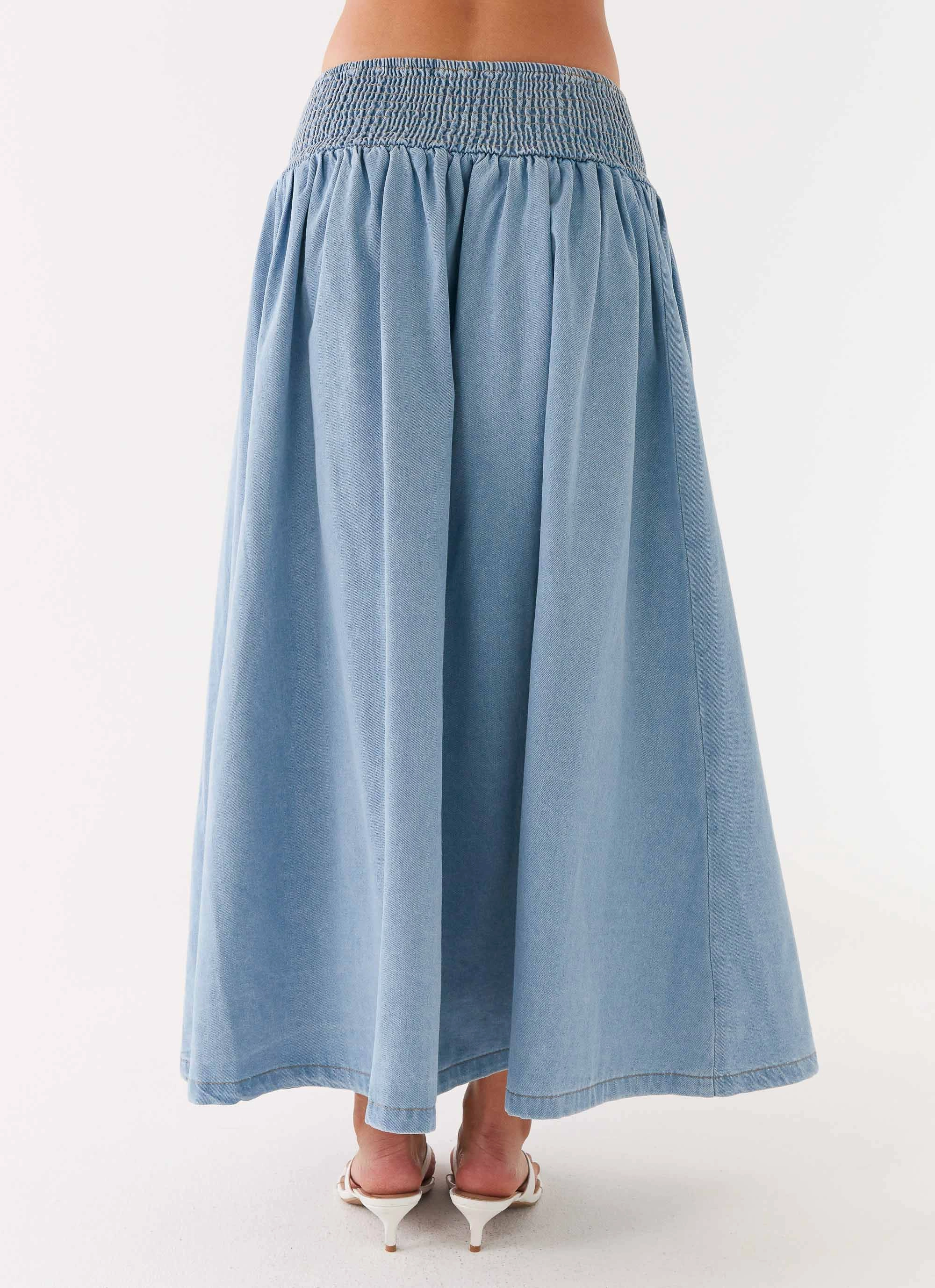 Heater Midi Skirt - Washed Blue Stretch Waist