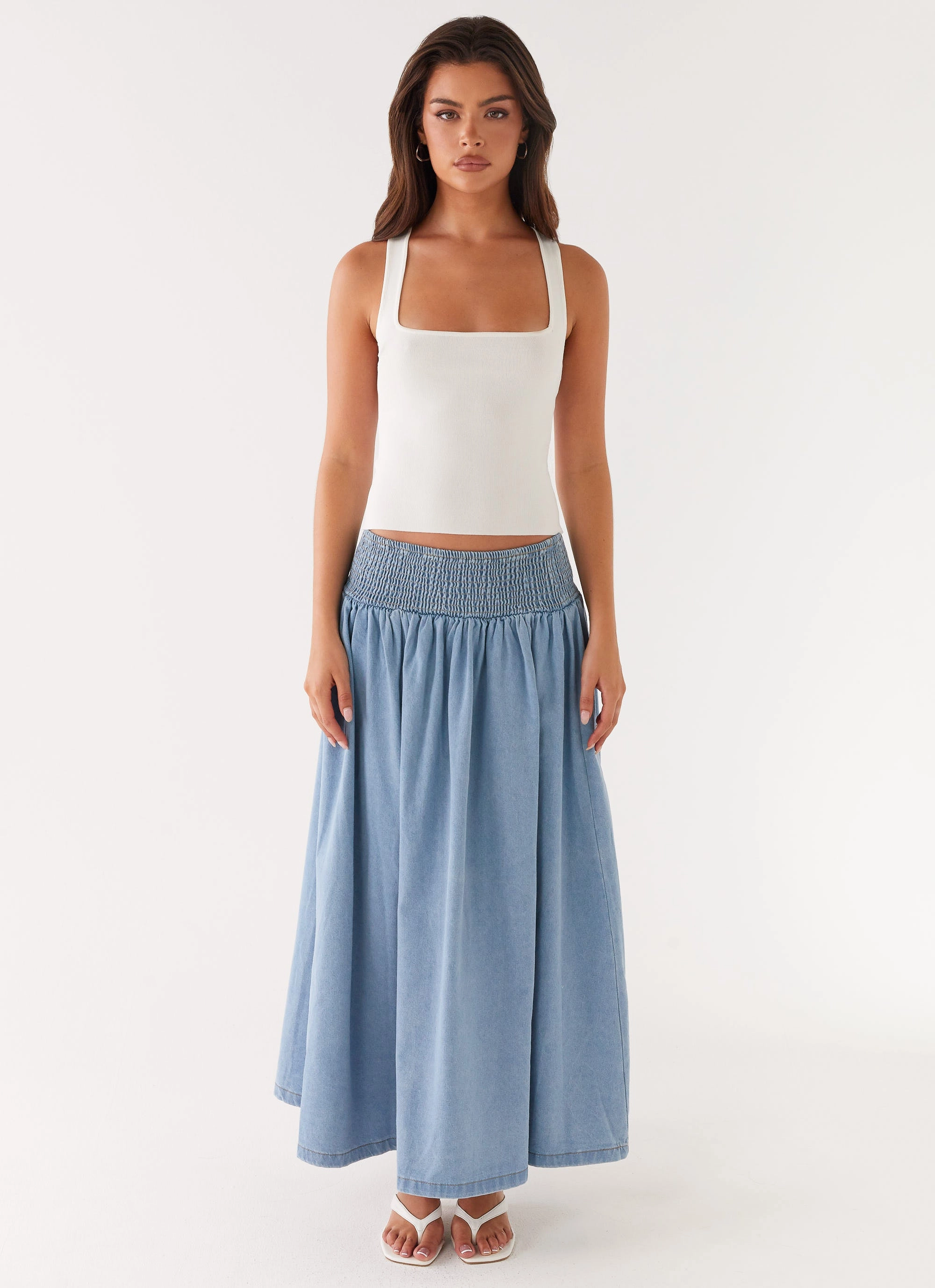 Heater Midi Skirt - Washed Blue Slim Waist Flexibility Fit