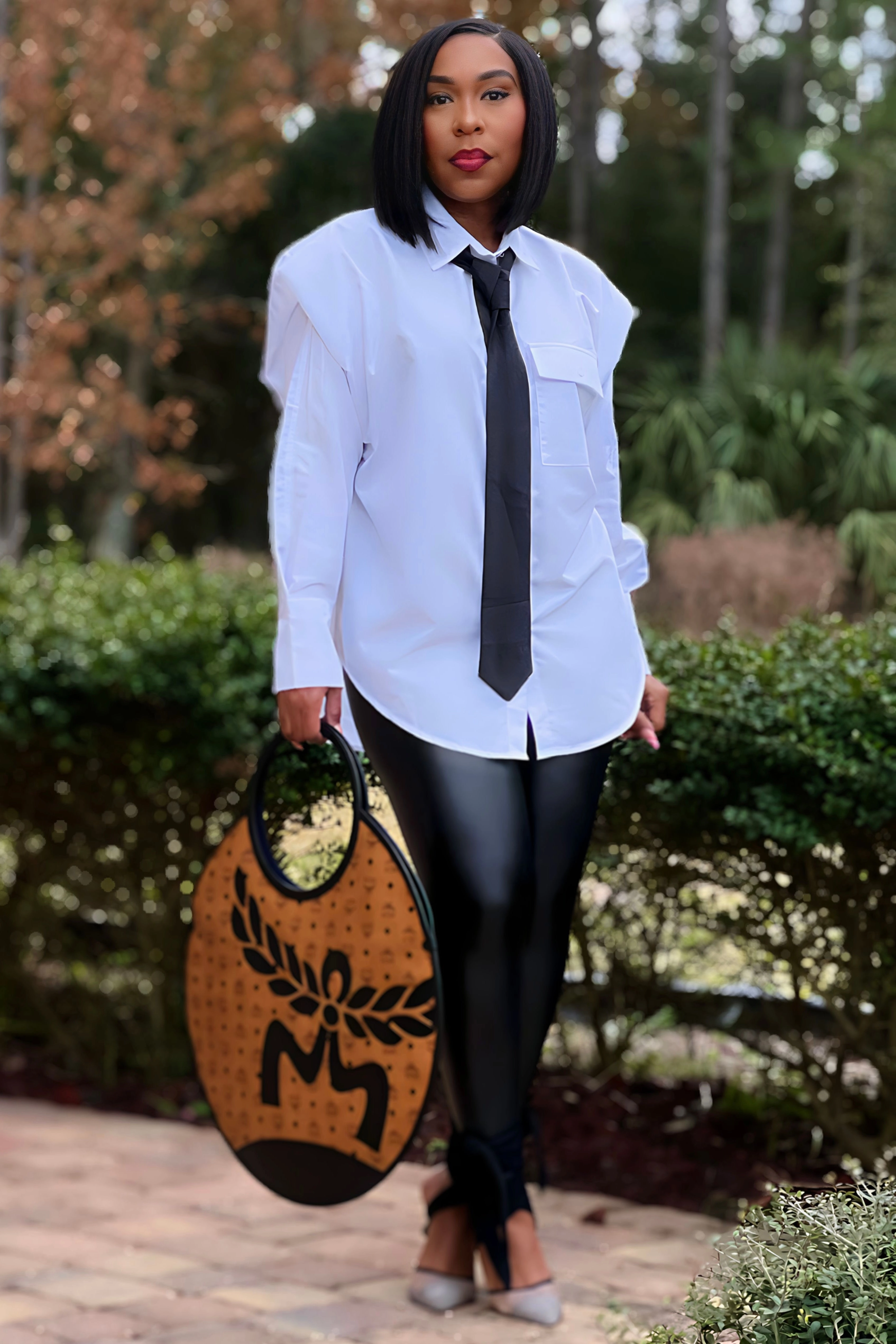 Rolled Hem Detailing MultipanelLayout Geneva Strong Shoulder Button Up Tunic With Neck Tie