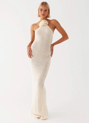 Gia Rose Halter Neck Maxi Dress - Ivory Natural Layers Slit-Hem