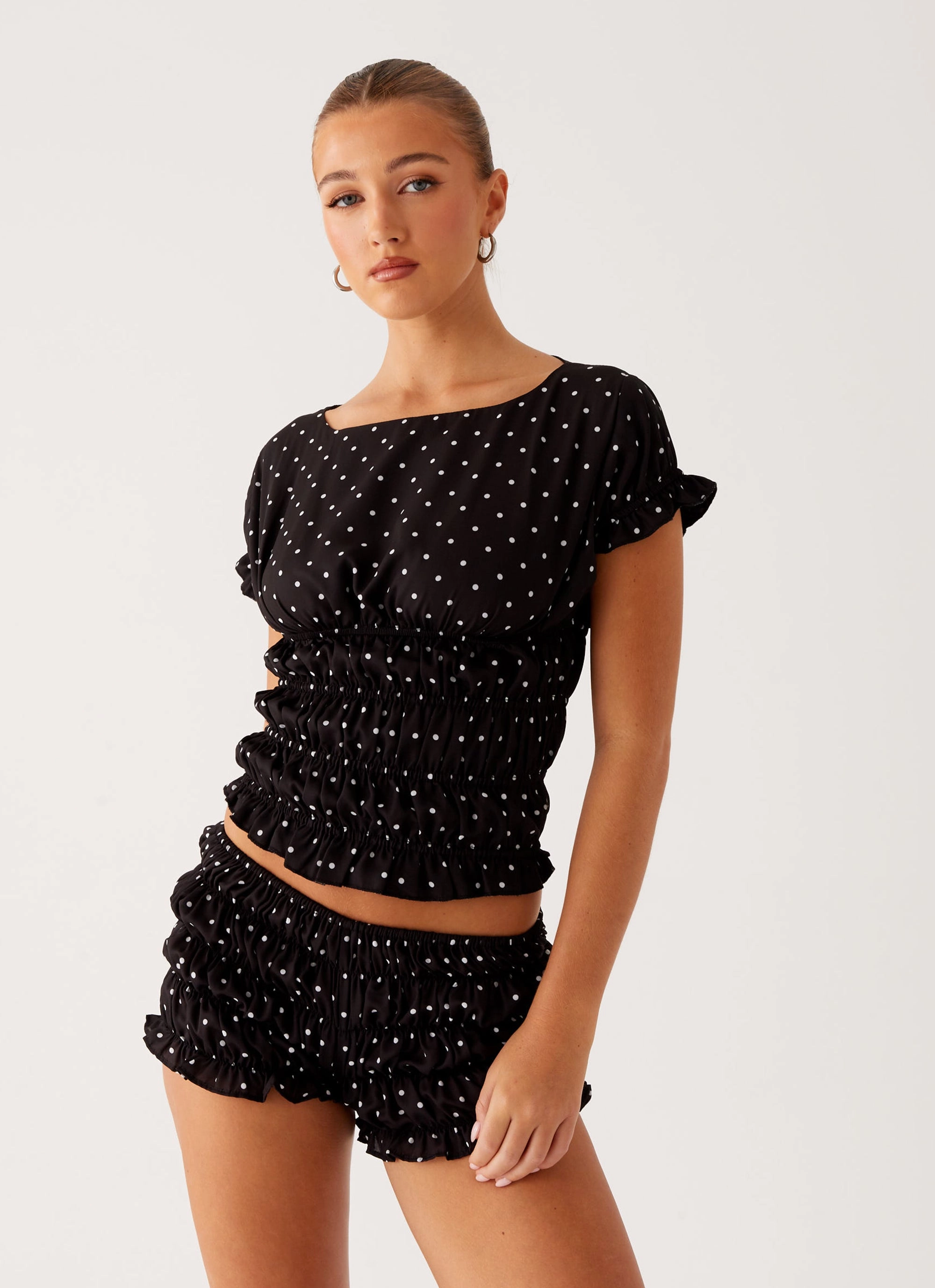 Girls Like Us Ruched Mini Shorts - Black Polka Dot Non Slip Waist Grip Stretch Flex