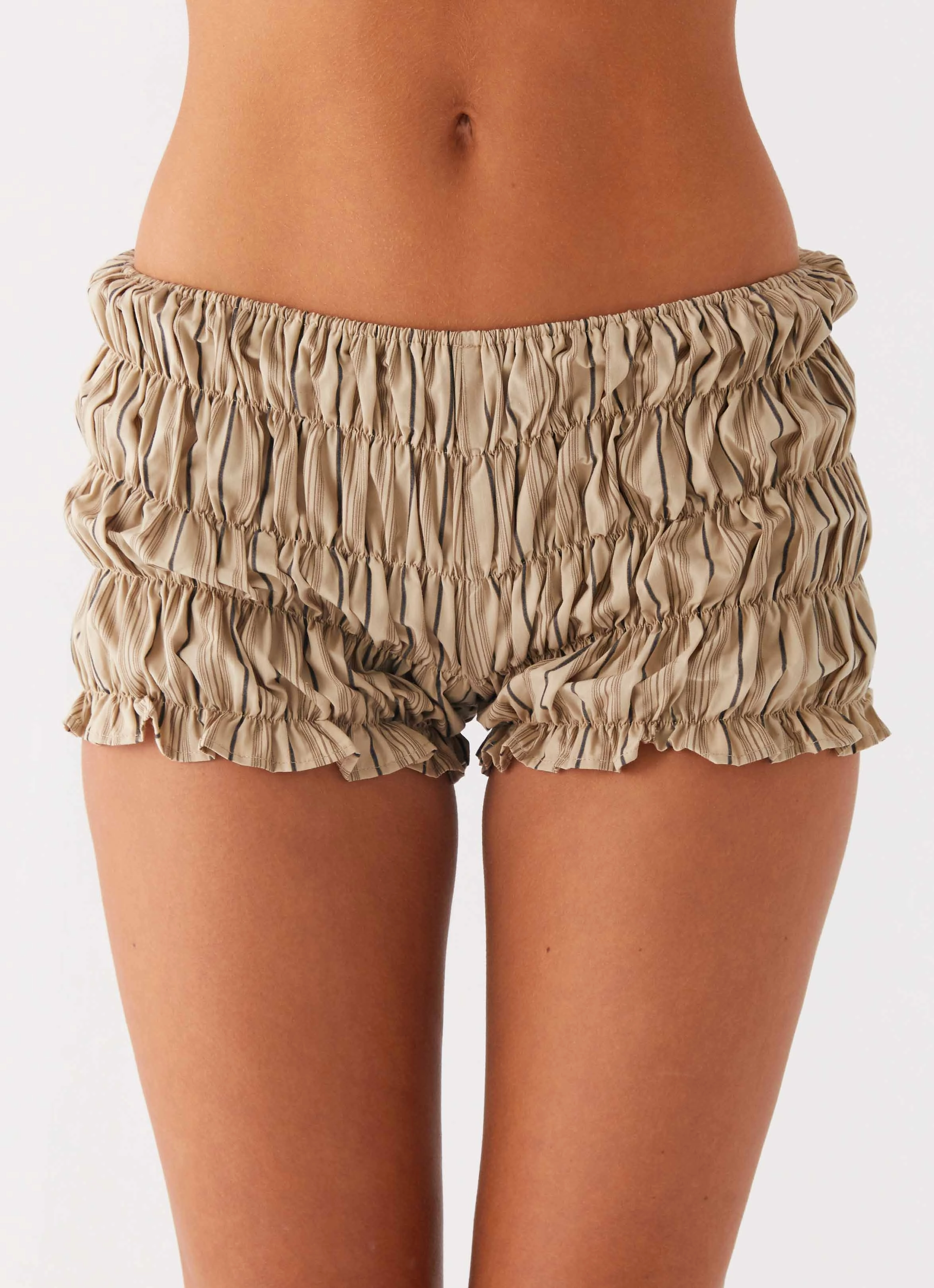 Girls Like Us Ruched Mini Shorts - Oatmeal Stripe Warm Fit Effortless Design