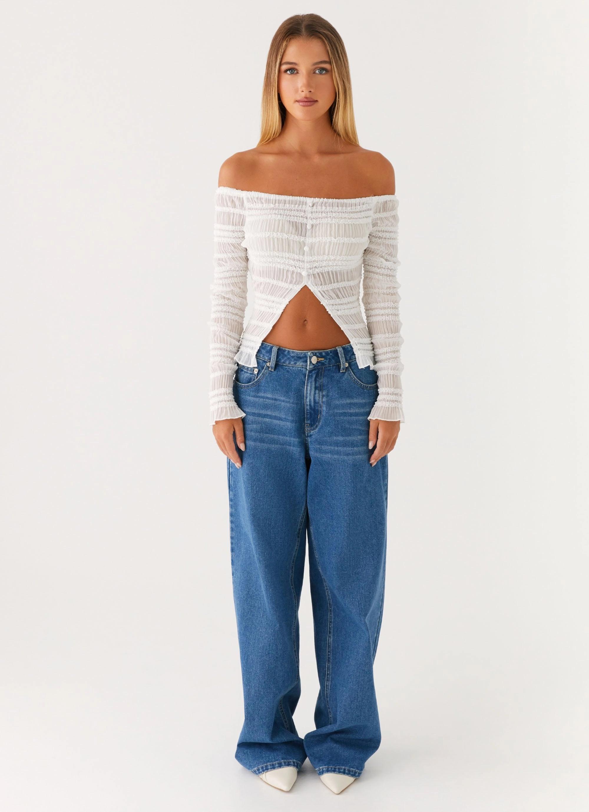 Casual Blouse QuickDry Golden One Shirred Off Shoulder Top - White