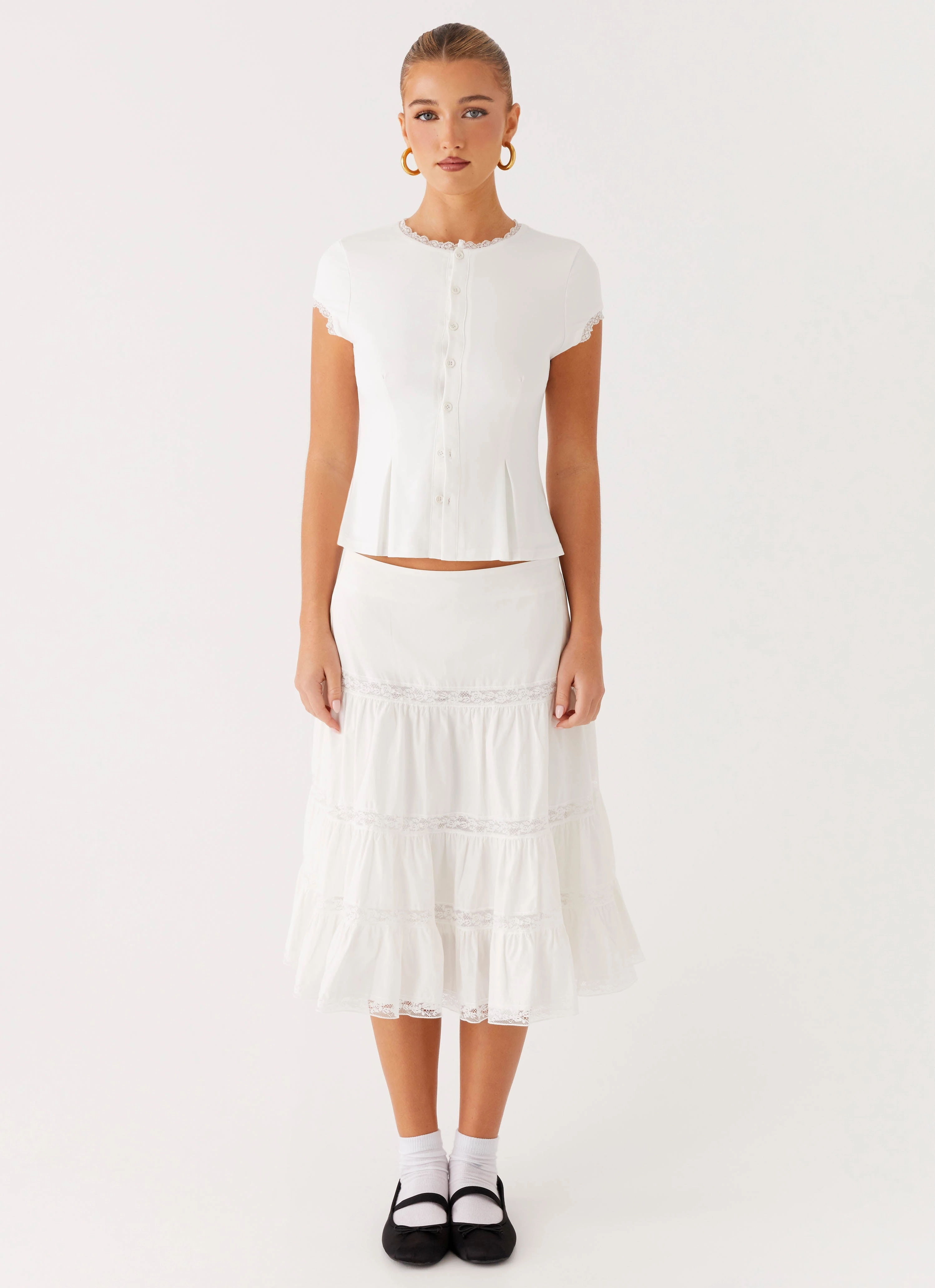 Good Vibes Midi Skirt - White Flattering Fit Wear