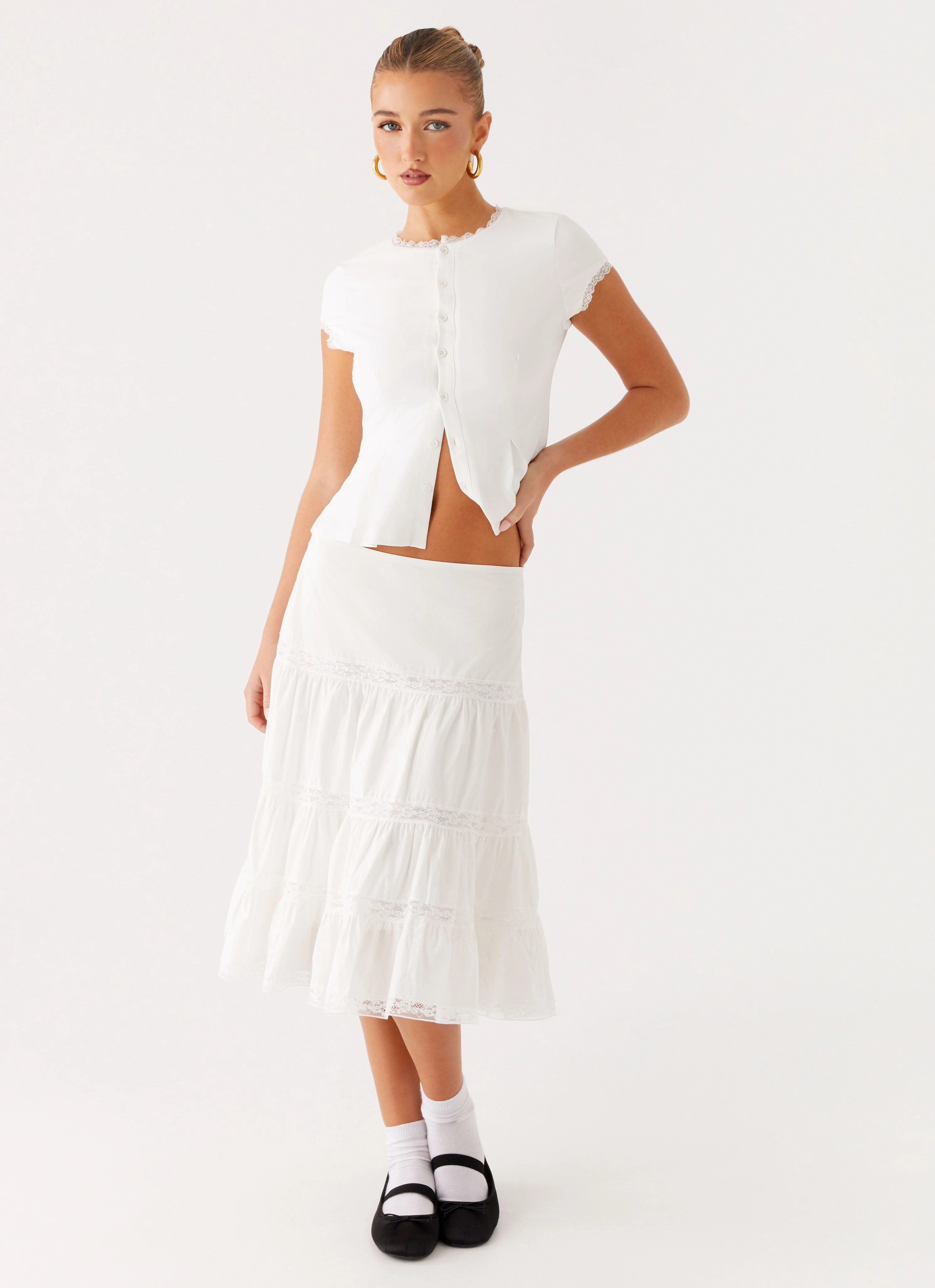 Good Vibes Midi Skirt - White ExpandableSidePanels HighRiseWaistband