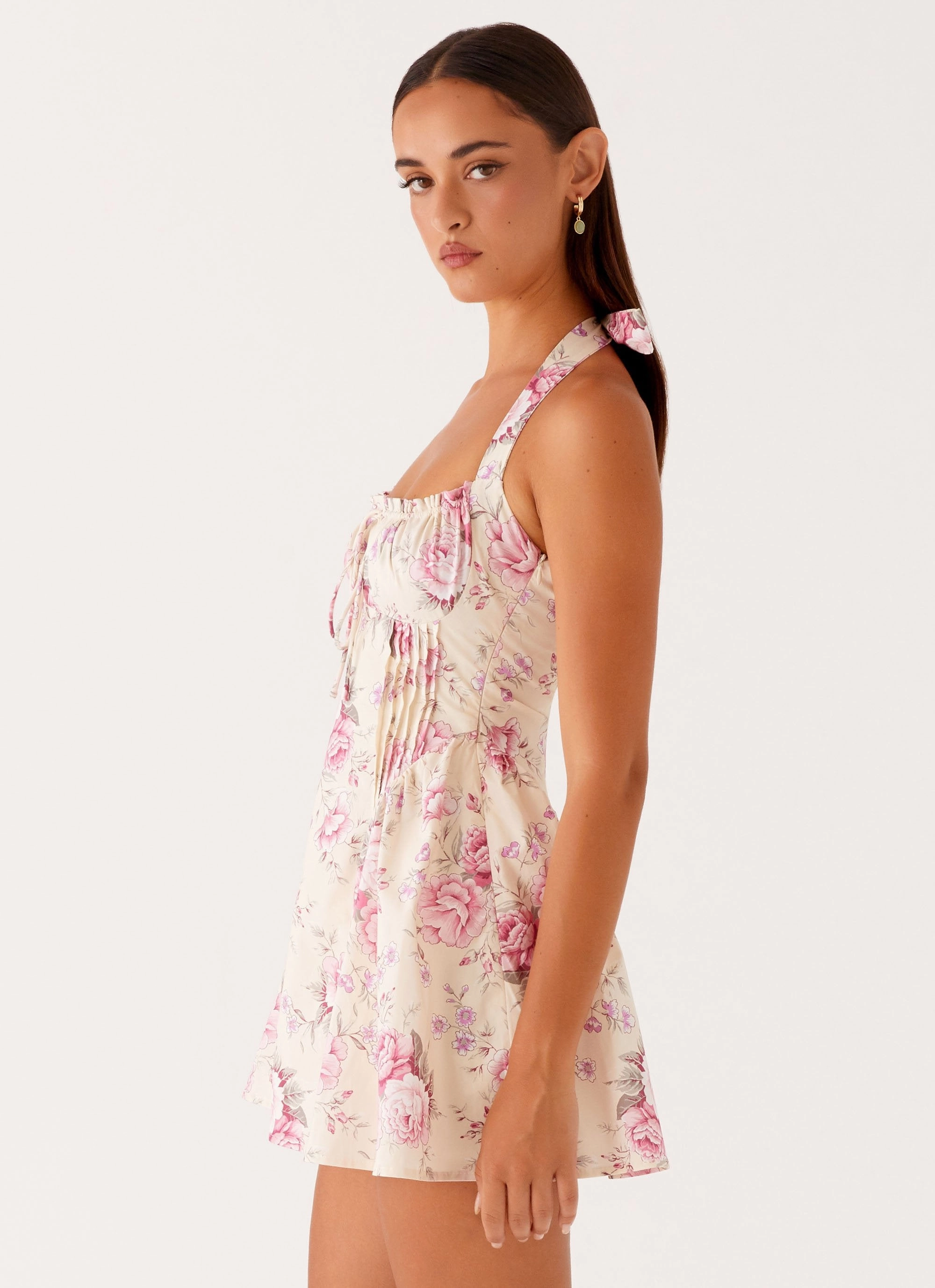 Rosalie Halter Mini Dress - Vintage Pink Floral Pocket-Detail