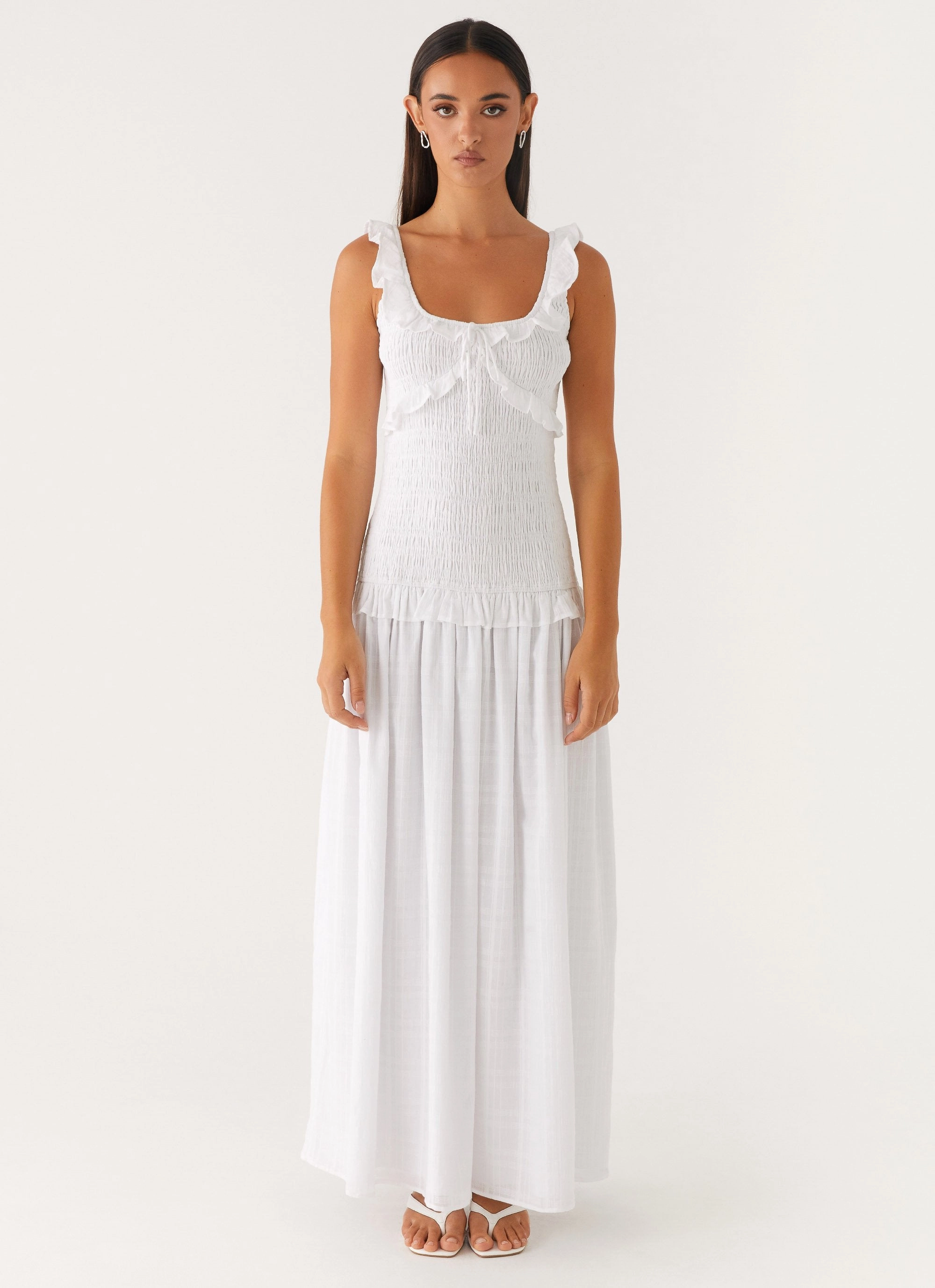 Westlyn Shirred Maxi Dress - White Regular-fit Light Fall