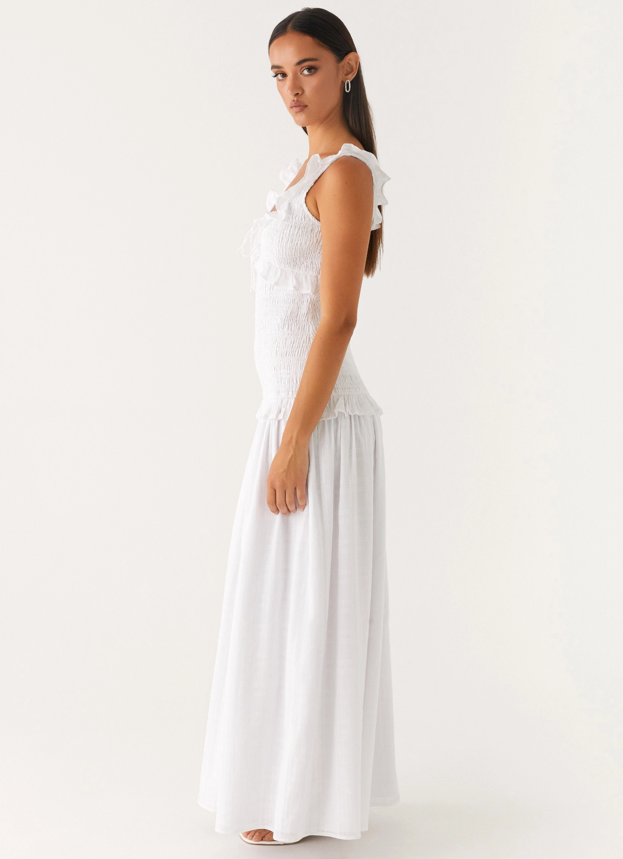 Westlyn Shirred Maxi Dress - White Bow-Detail Dreamy Look