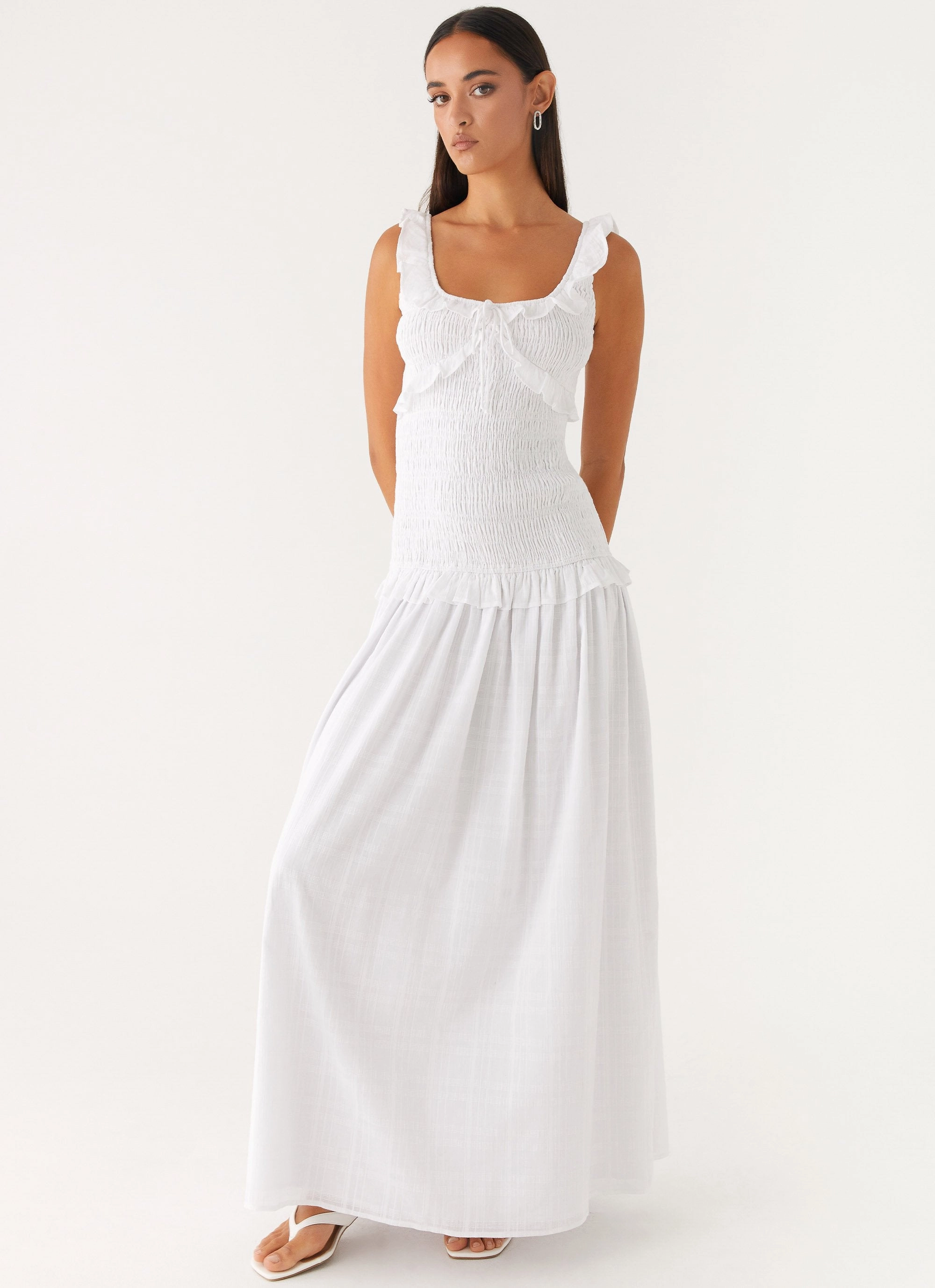 Westlyn Shirred Maxi Dress - White Fashionable Layer