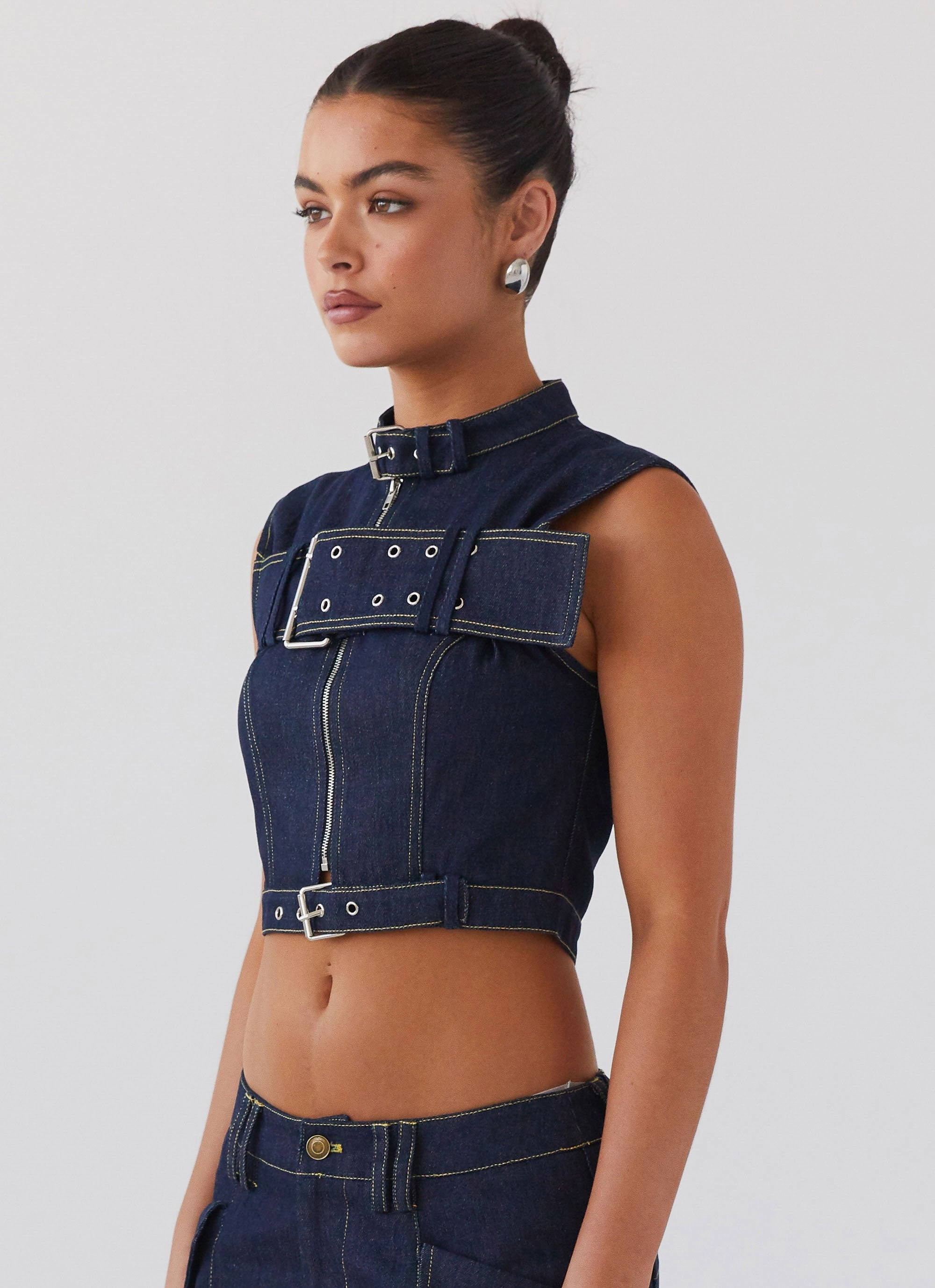 Warm Hoodie Greedy Denim Buckle Top - Indigo