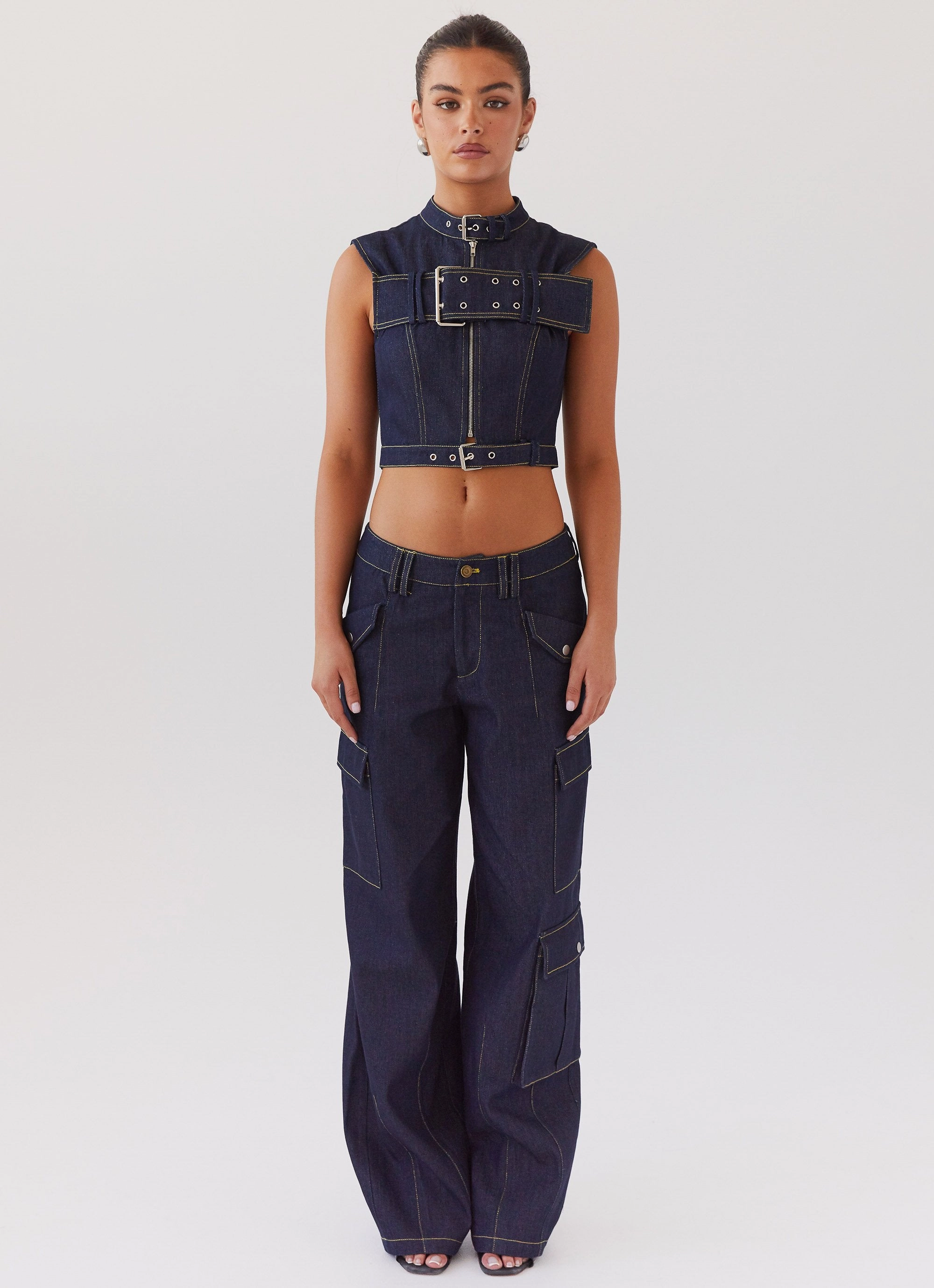Layered Collar Greedy Denim Buckle Top - Indigo