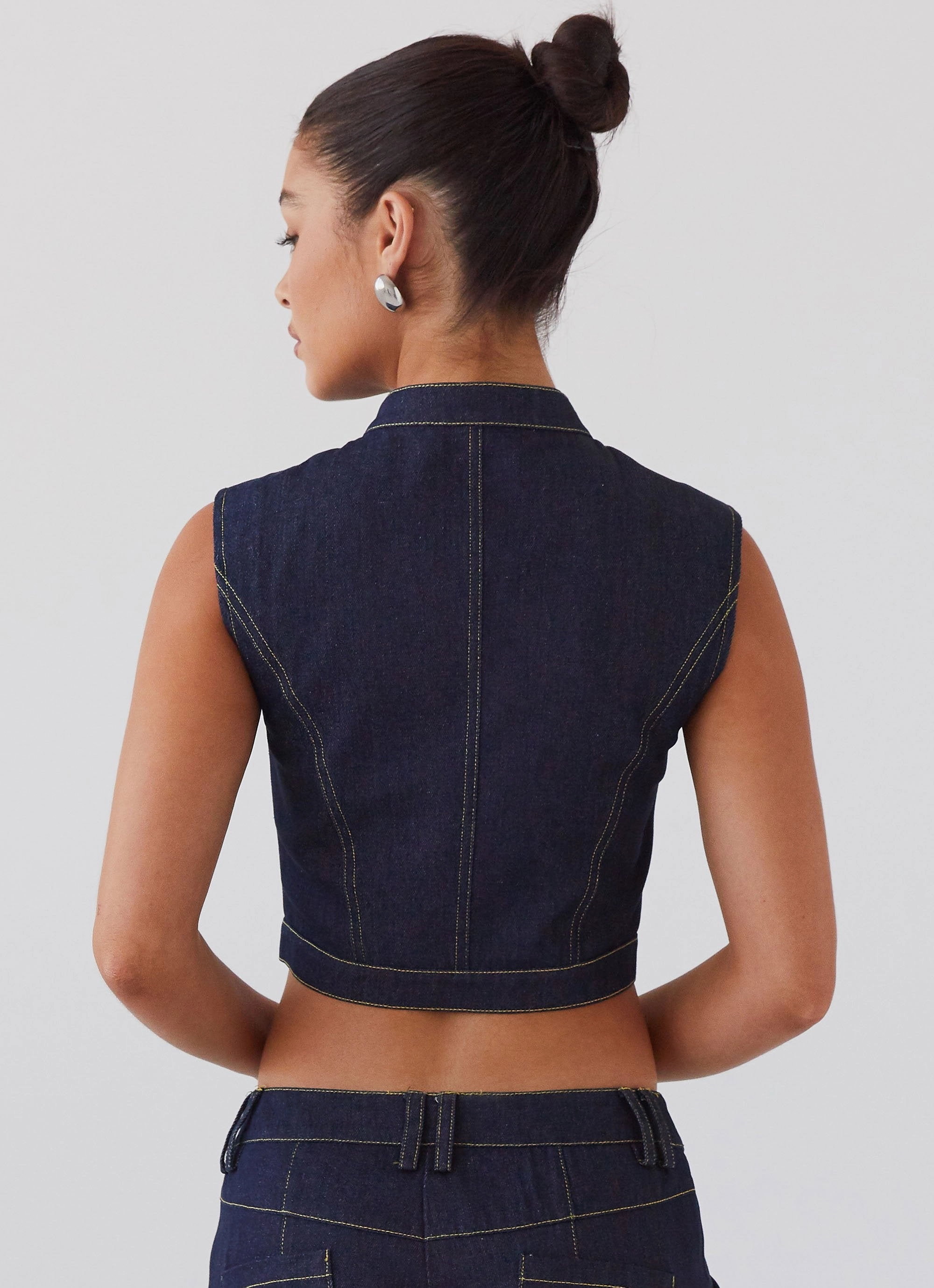 Greedy Denim Buckle Top - Indigo Printed Blouse
