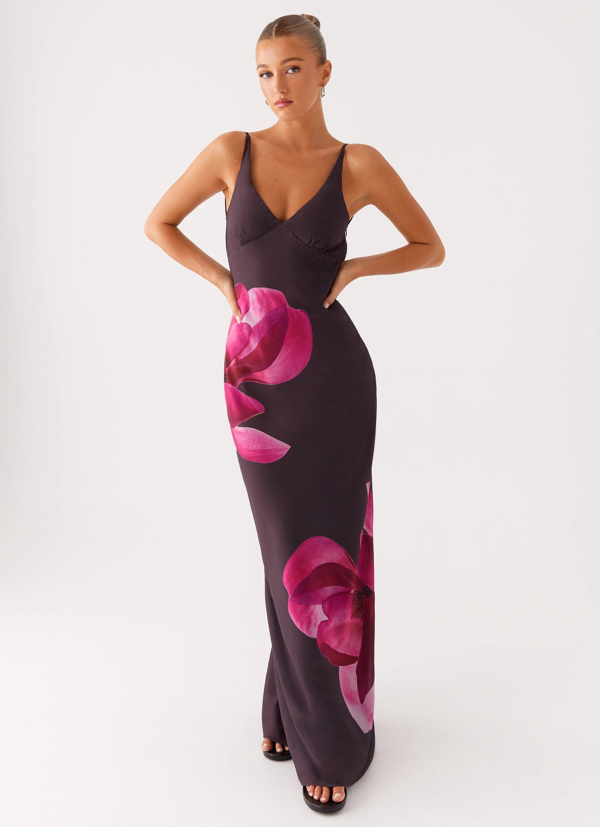 Griselda Maxi Dress - Dark Chocolate Shiny surface