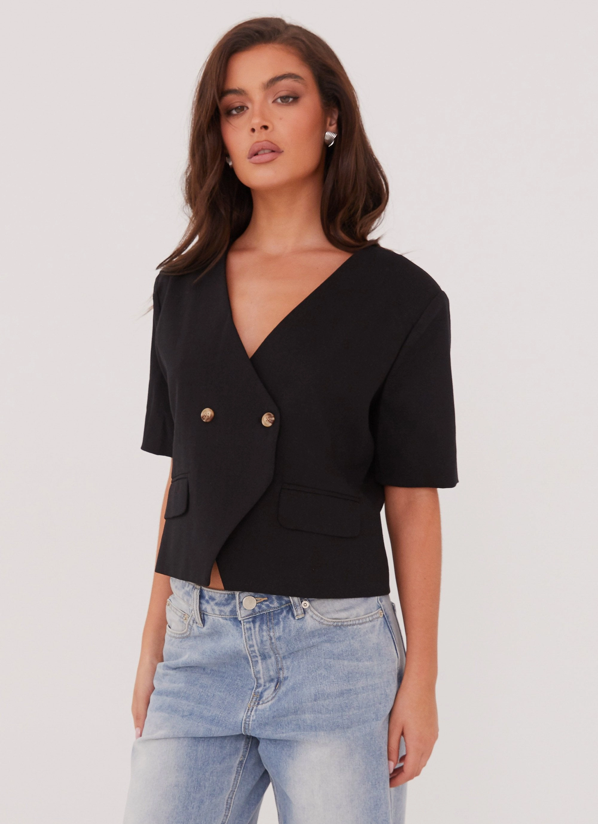 High Collar Options Hacienda Linen Short Sleeve Blazer - Black
