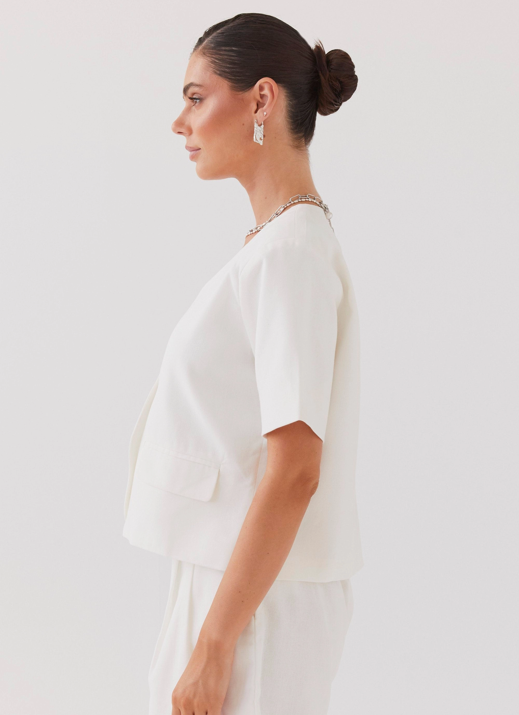 Casual Street Style Hacienda Linen Short Sleeve Blazer - White