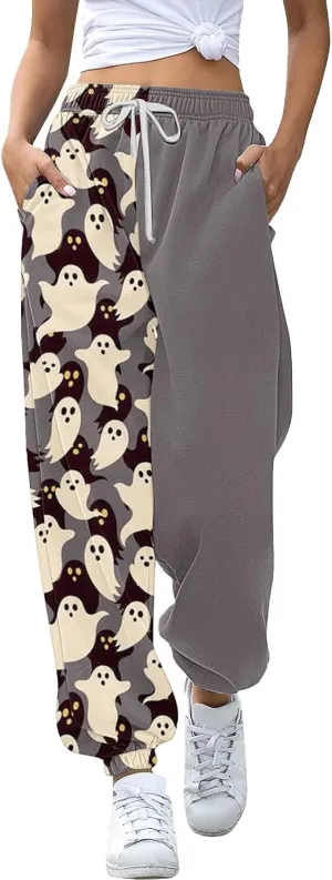 Halloween Sweatpants for Women Cinch Bottom Pumpkin Ghost Print Joggers High Waist Drawstring Athletic Pants Pockets