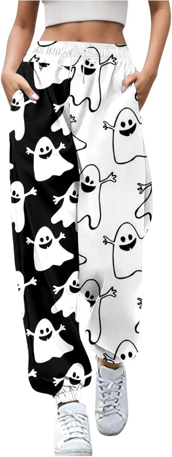 Halloween Sweatpants for Women Cinch Bottom Pumpkin Ghost Print Joggers High Waist Drawstring Athletic Pants Pockets