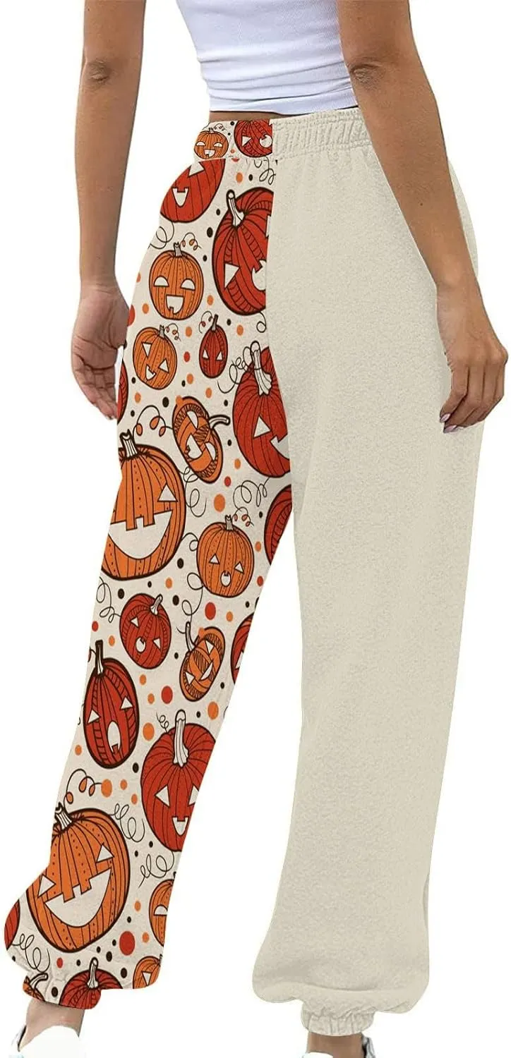 Halloween Sweatpants for Women Cinch Bottom Pumpkin Ghost Print Joggers High Waist Drawstring Athletic Pants Pockets