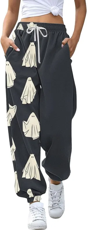 Halloween Sweatpants for Women Cinch Bottom Pumpkin Ghost Print Joggers High Waist Drawstring Athletic Pants Pockets