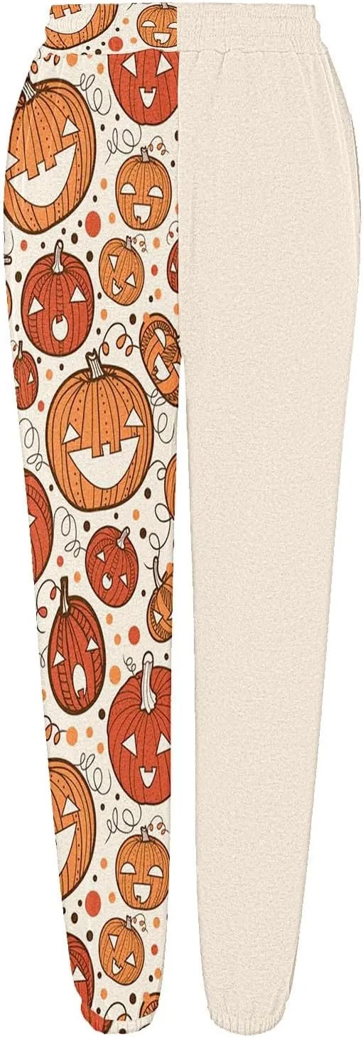 Halloween Sweatpants for Women Cinch Bottom Pumpkin Ghost Print Joggers High Waist Drawstring Athletic Pants Pockets