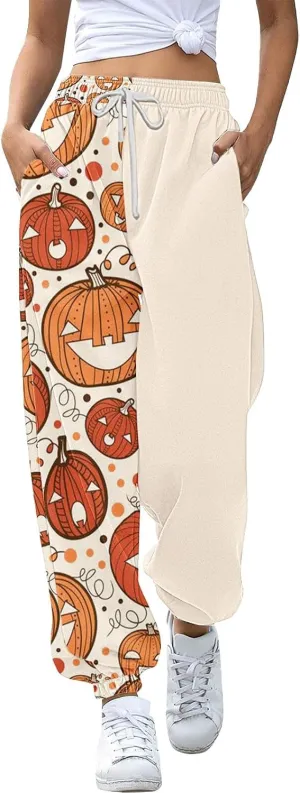 Halloween Sweatpants for Women Cinch Bottom Pumpkin Ghost Print Joggers High Waist Drawstring Athletic Pants Pockets