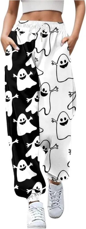 Halloween Sweatpants for Women Cinch Bottom Pumpkin Ghost Print Joggers High Waist Drawstring Athletic Pants Pockets