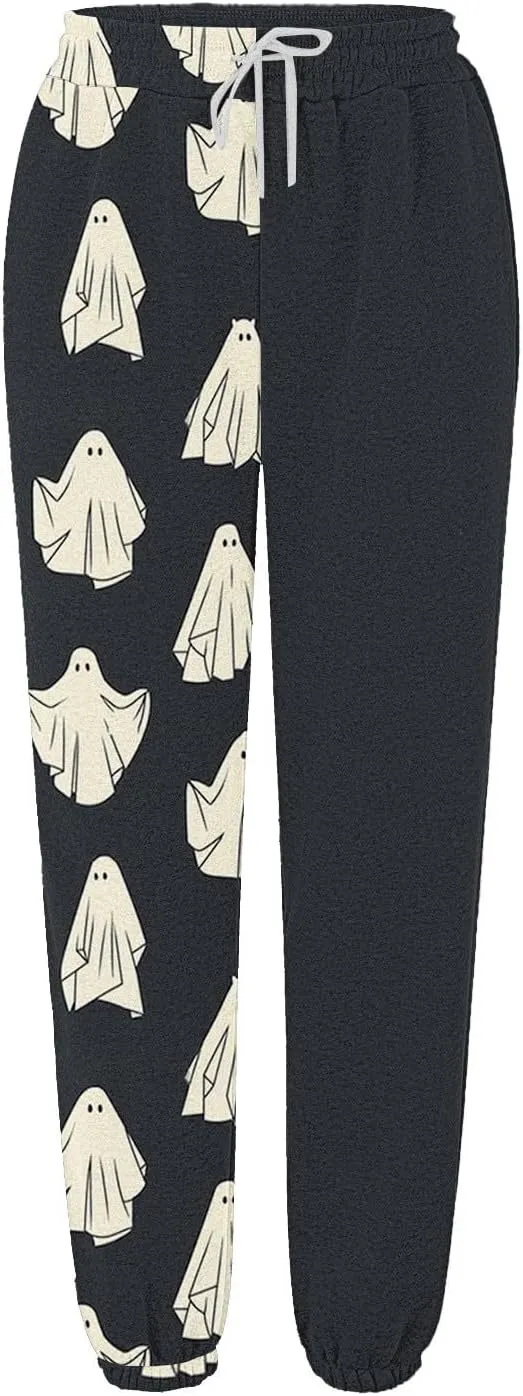 Halloween Sweatpants for Women Cinch Bottom Pumpkin Ghost Print Joggers High Waist Drawstring Athletic Pants Pockets