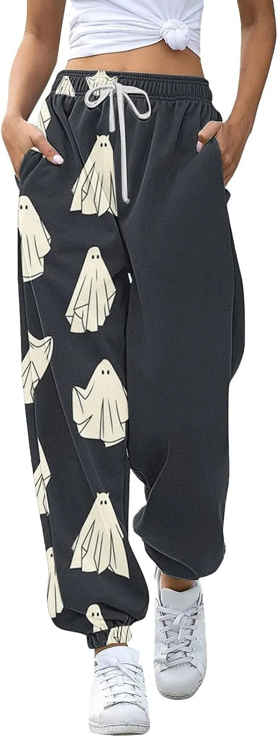 Halloween Sweatpants for Women Cinch Bottom Pumpkin Ghost Print Joggers High Waist Drawstring Athletic Pants Pockets