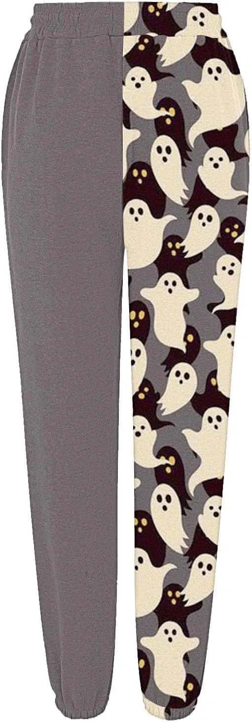 Halloween Sweatpants for Women Cinch Bottom Pumpkin Ghost Print Joggers High Waist Drawstring Athletic Pants Pockets
