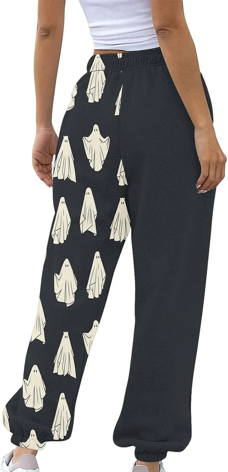 Halloween Sweatpants for Women Cinch Bottom Pumpkin Ghost Print Joggers High Waist Drawstring Athletic Pants Pockets