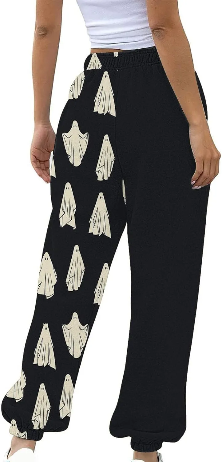 Halloween Sweatpants for Women Cinch Bottom Pumpkin Ghost Print Joggers High Waist Drawstring Athletic Pants Pockets
