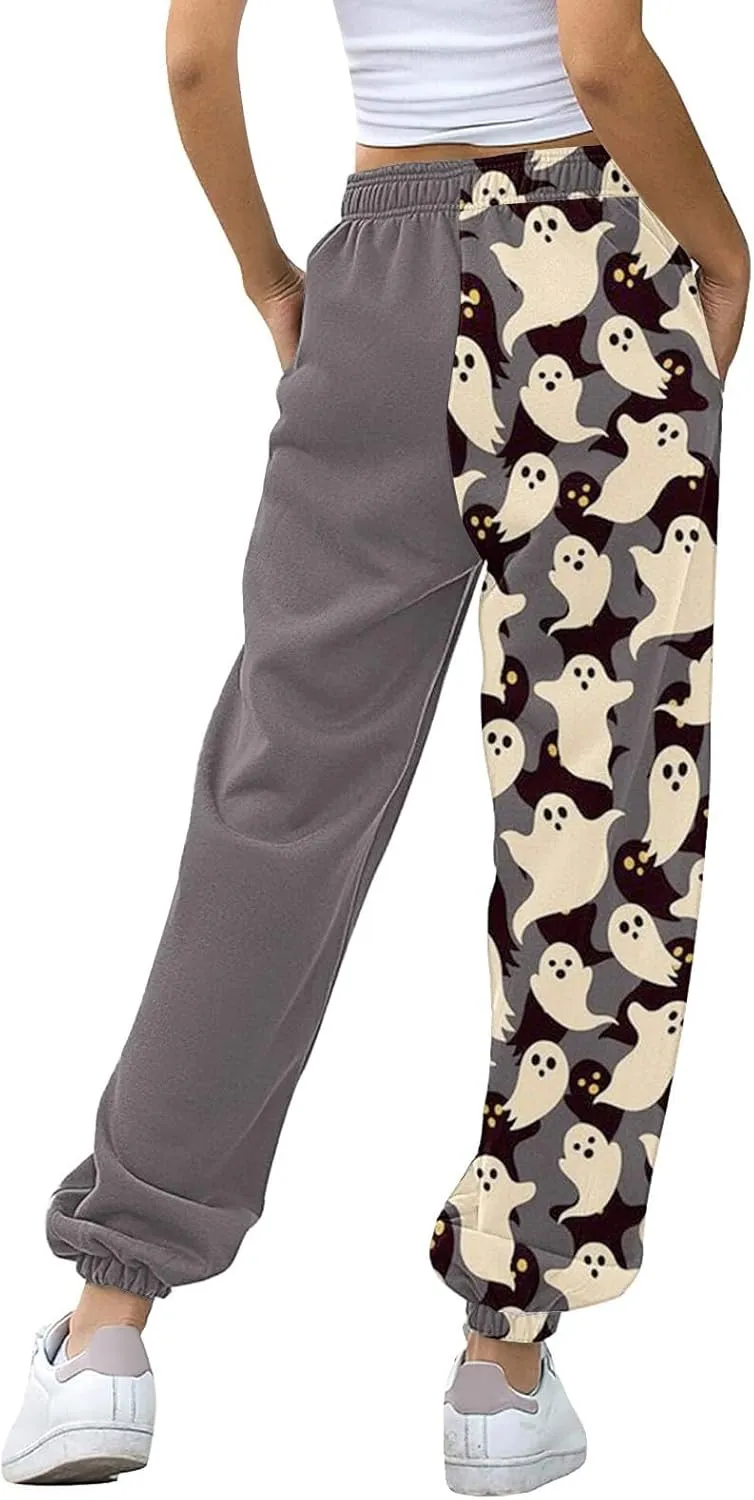 Halloween Sweatpants for Women Cinch Bottom Pumpkin Ghost Print Joggers High Waist Drawstring Athletic Pants Pockets