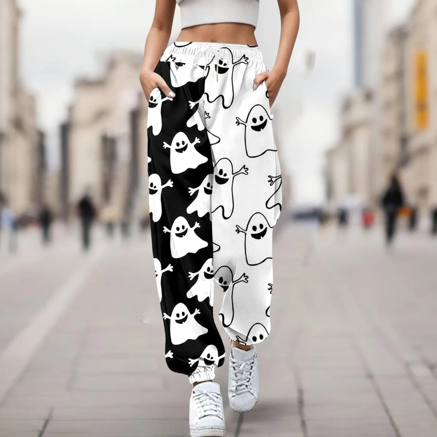 Halloween Sweatpants for Women Cinch Bottom Pumpkin Ghost Print Joggers High Waist Drawstring Athletic Pants Pockets