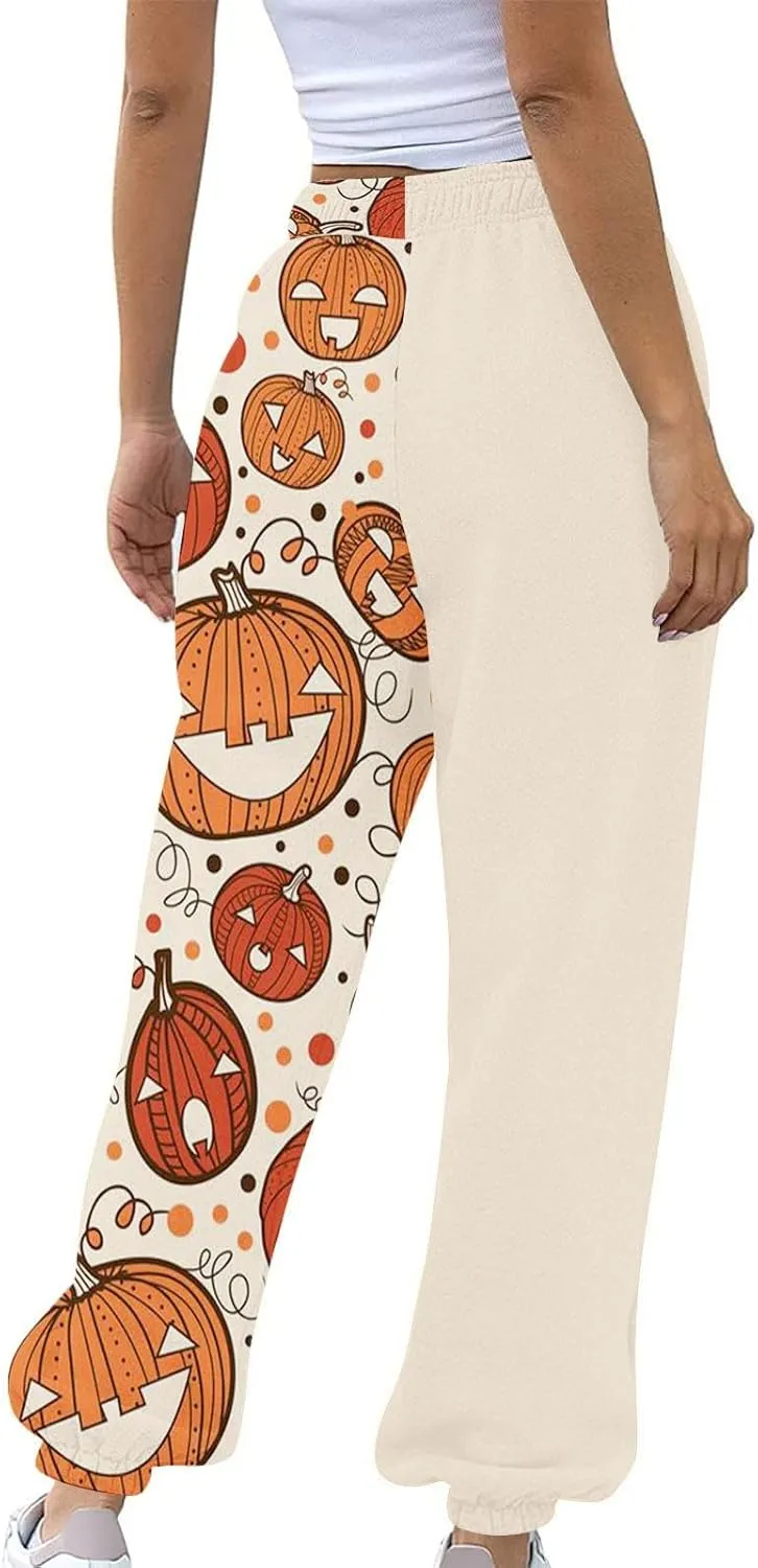 Halloween Sweatpants for Women Cinch Bottom Pumpkin Ghost Print Joggers High Waist Drawstring Athletic Pants Pockets
