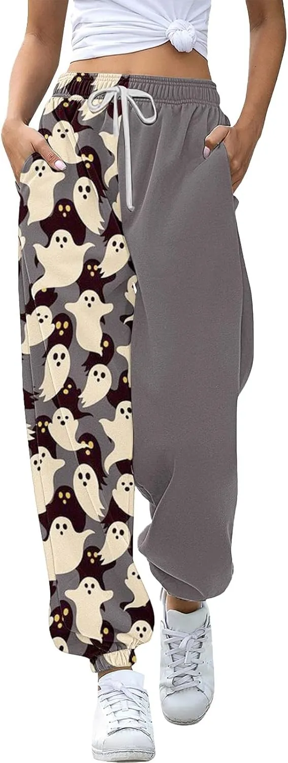 Halloween Sweatpants for Women Cinch Bottom Pumpkin Ghost Print Joggers High Waist Drawstring Athletic Pants Pockets