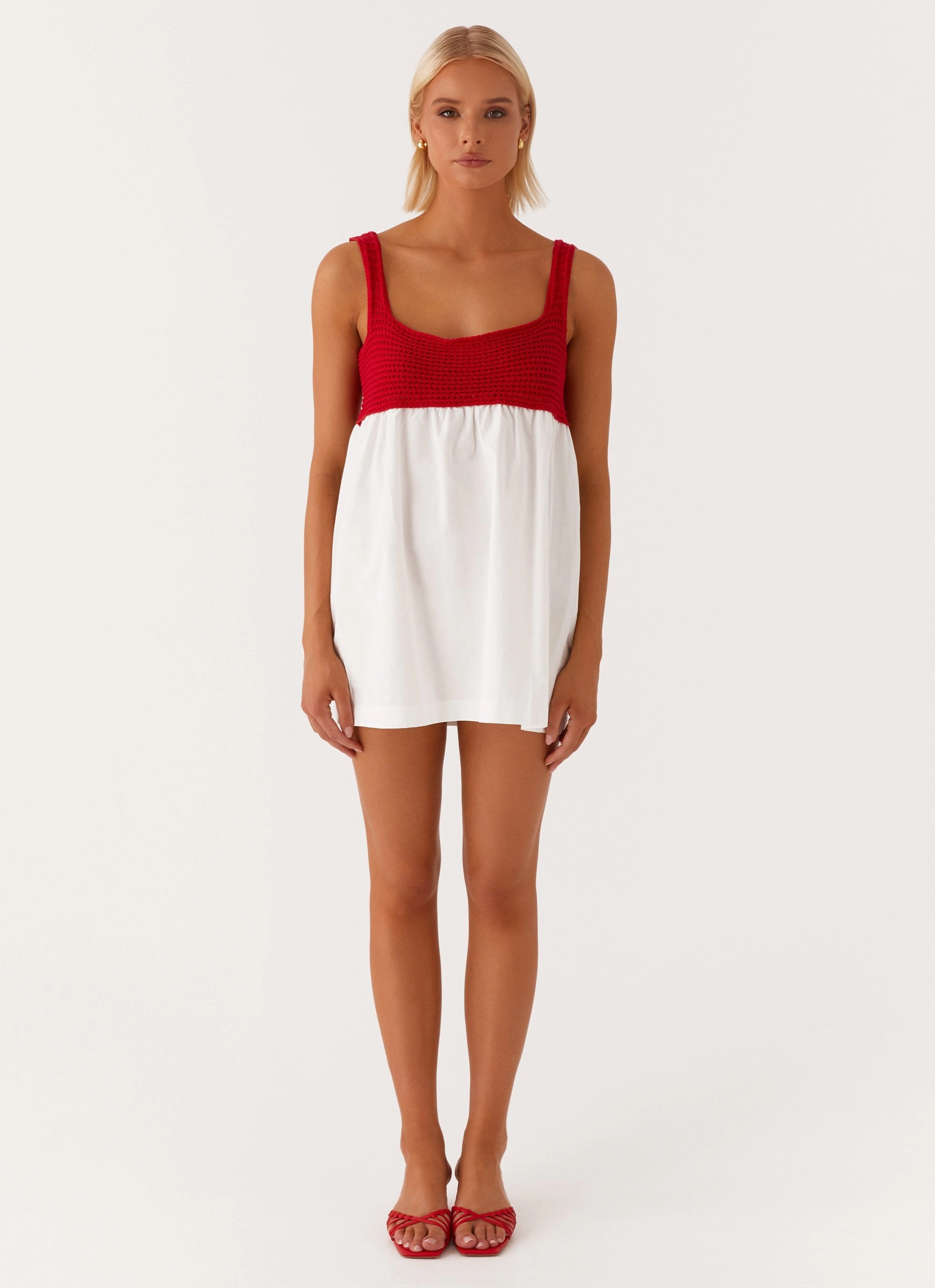 Halona Crochet Babydoll Mini Dress - Red WrinkleResistantFinish Flawless Waist Fit