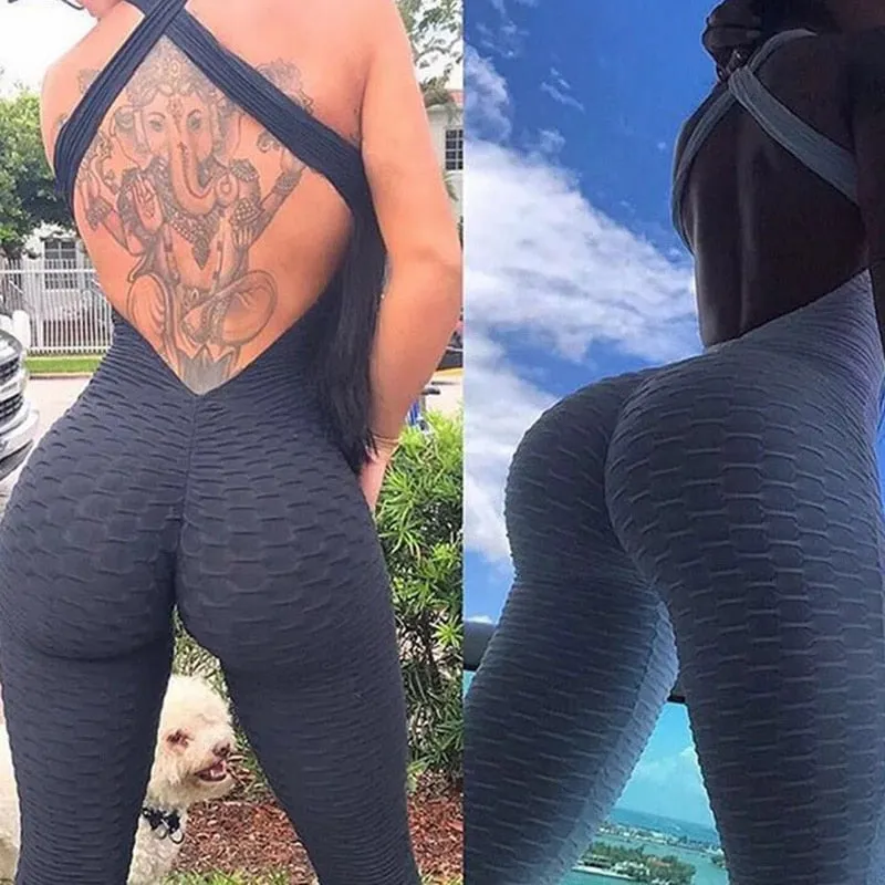 Halter Women Tracksuit Jumpsuit Play Suit Slim Sport Backless Running Sportswear Jumpsuit