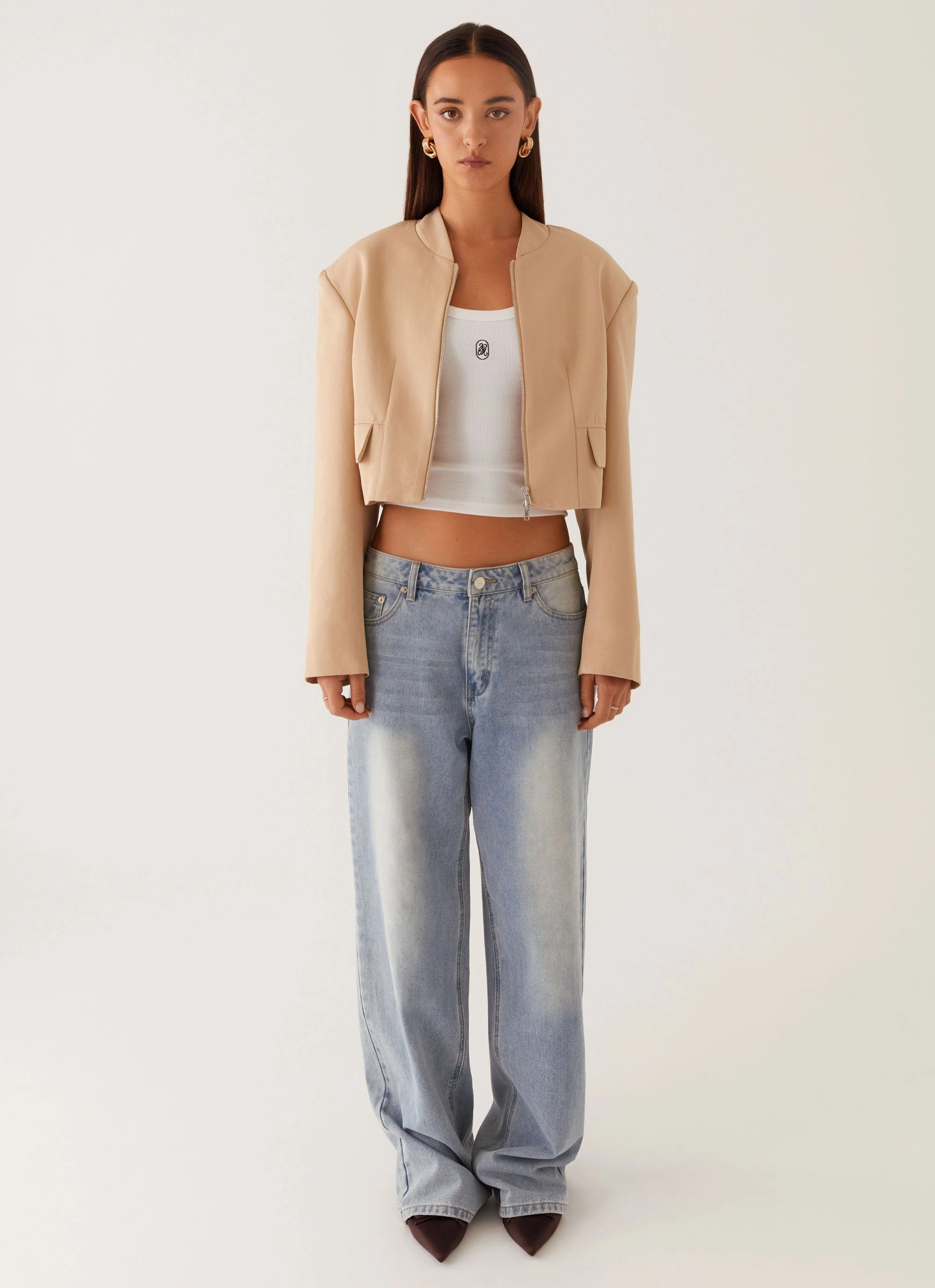 Halyn Cropped Bomber Jacket - Brown Cold Day Look