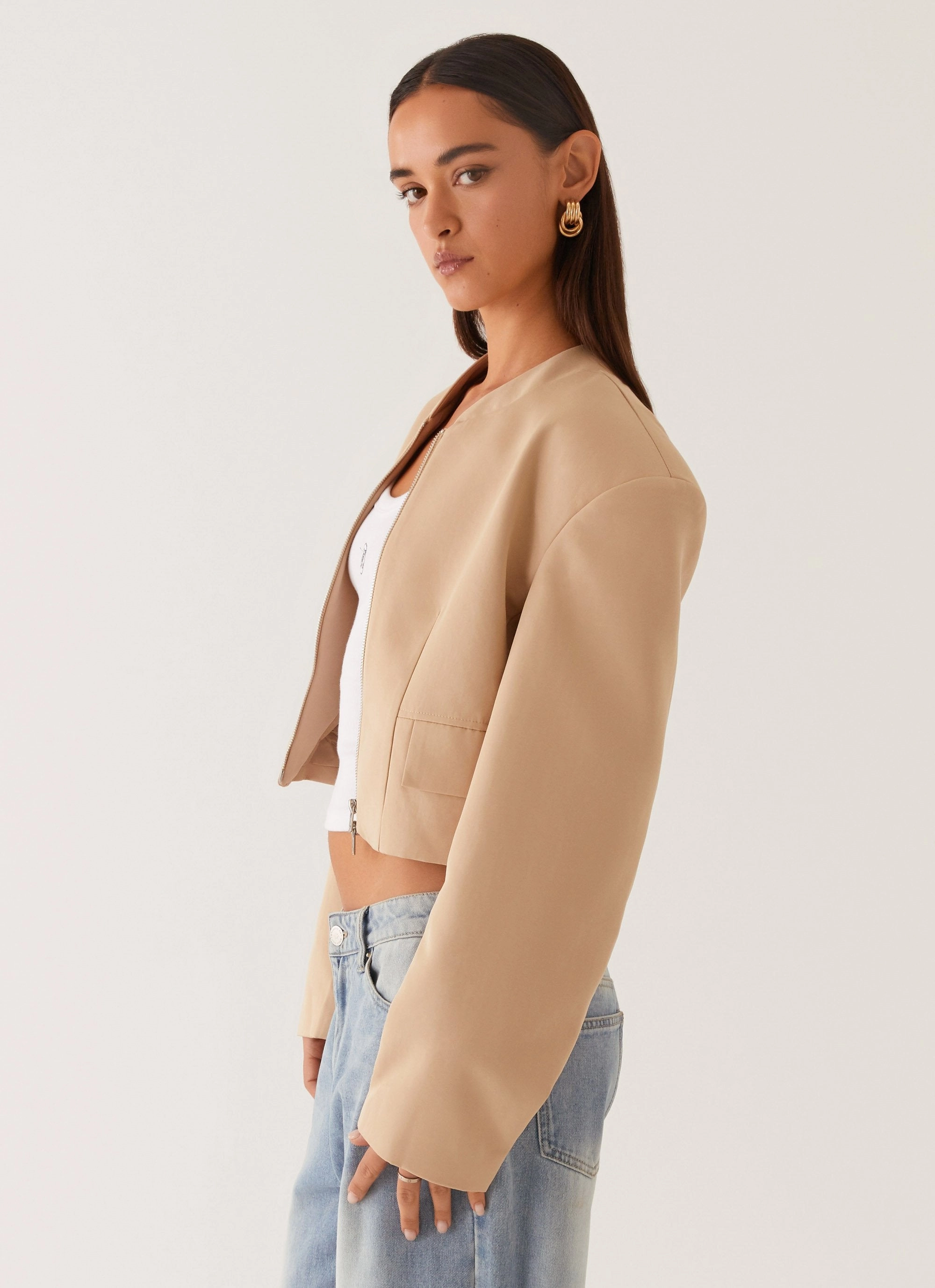 Style Staple Halyn Cropped Bomber Jacket - Brown