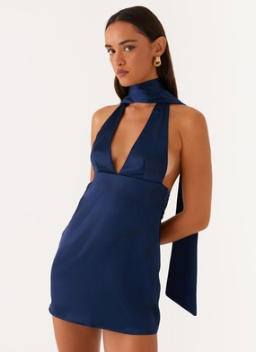 Alicia Satin Halter Mini Dress - Navy Flattering Cut