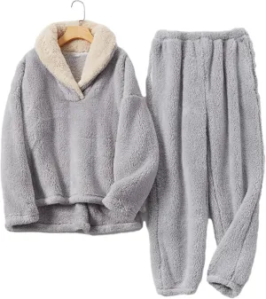 HangNiFang Coral Fleece Pajamas for Women Pajamas Set Fleece Pullover Pants Loose Winter Warm Sleepwear