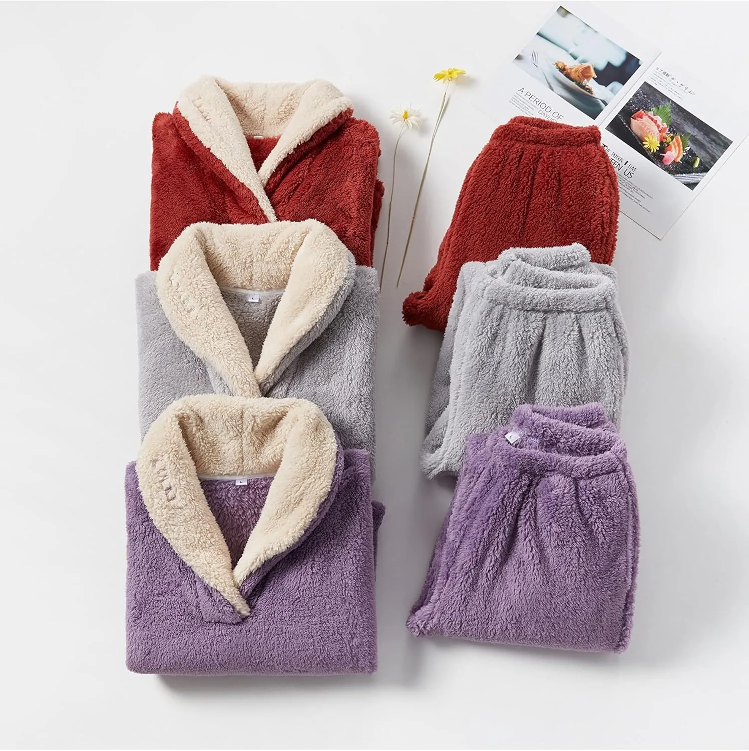 HangNiFang Coral Fleece Pajamas for Women Pajamas Set Fleece Pullover Pants Loose Winter Warm Sleepwear