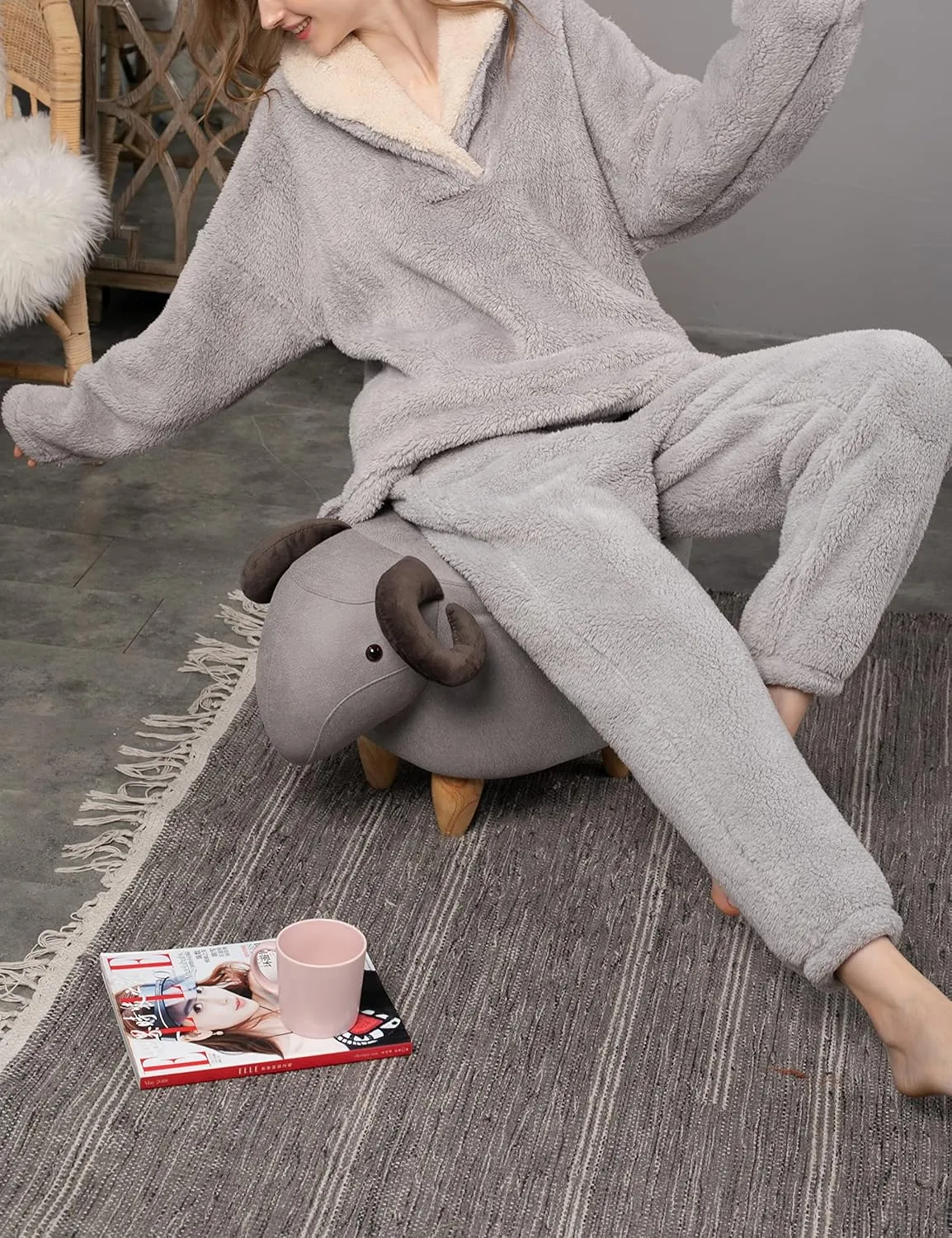 HangNiFang Coral Fleece Pajamas for Women Pajamas Set Fleece Pullover Pants Loose Winter Warm Sleepwear