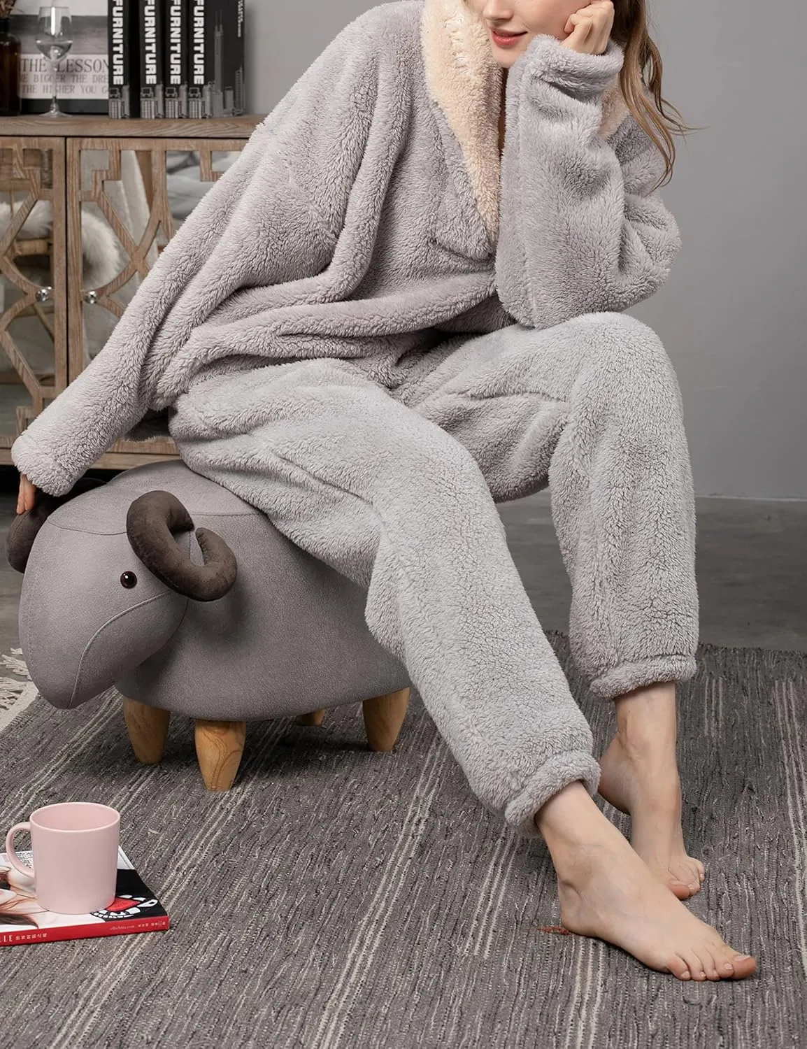 HangNiFang Coral Fleece Pajamas for Women Pajamas Set Fleece Pullover Pants Loose Winter Warm Sleepwear