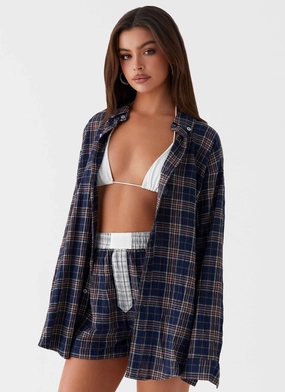 Harley Oversized Shirt - Navy Check Simple Outer WaterResistantFabric